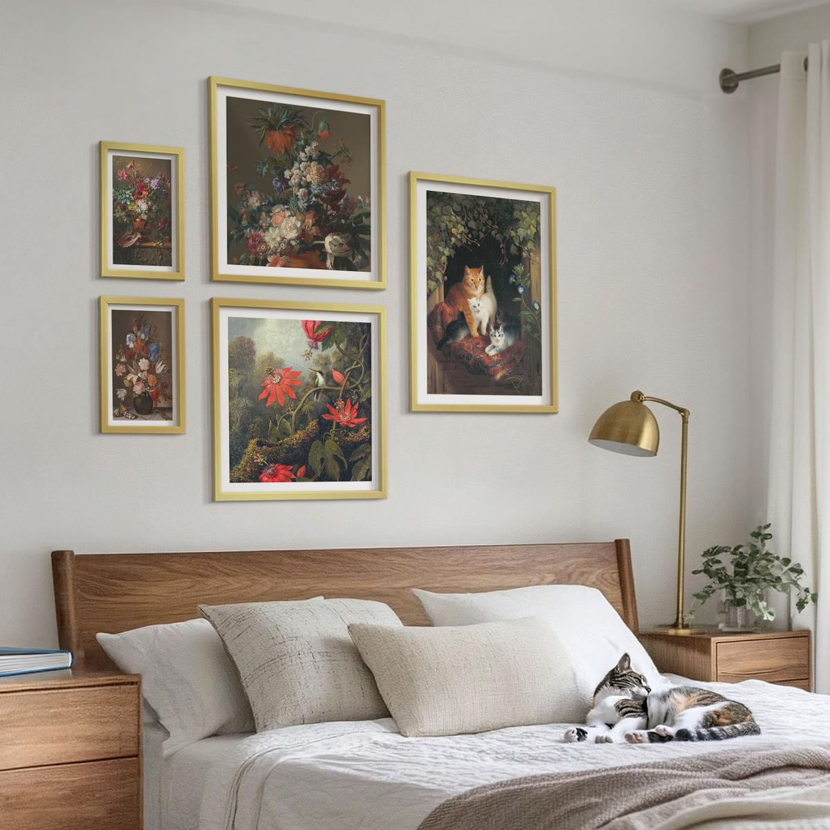 BILDER SET 5er Set - 50x50 cm & 20x30 cm & 40x60 cm Goldrahmen - Vintage-Blumen, Katzen, Pflanzen - Goldfarben, Kunststoff (40/60cm) - TULUP