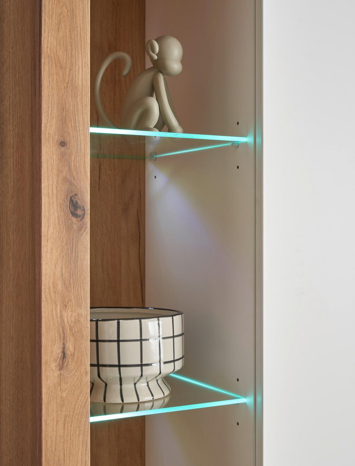 WOHNWAND weiß matt, Evoke Eiche, Wohnkombination Set 3-teilig 298 cm - Eichefarben/Silberfarben, Glas/Holzwerkstoff (298/195/43cm) - Furn.Design