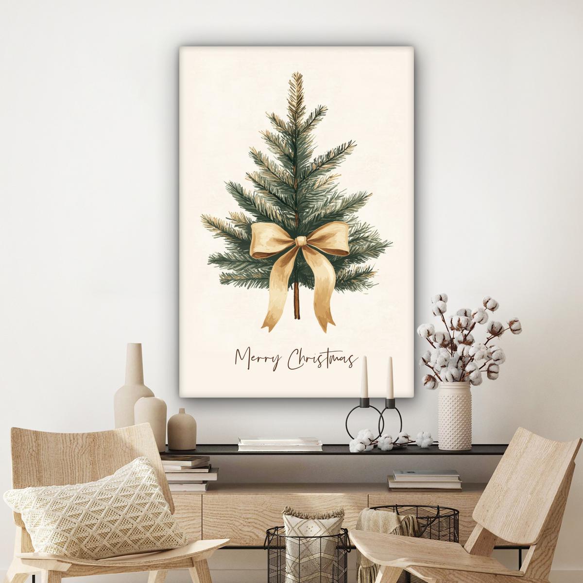LEINWANDBILD Weihnachtsbaum - Weihnachten - Frohe Weihnachten - Beige Deko XXL 80x120 cm - Sandfarben, Textil (80/120cm) - MuchoWow