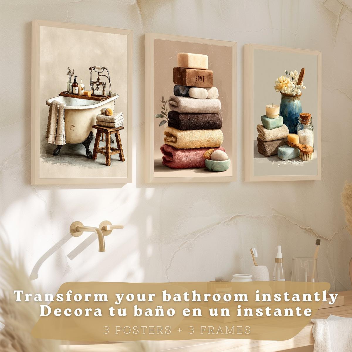 POSTER 3er-Set dekorative Badezimmerbilder, Wanddekoration, natürlichen, für Toilette, mit Handtüchern, Kerzen und Seifen Leichter Holzrahmen A4 - Beige, Papier (29.7/21/3cm) - Nacnic