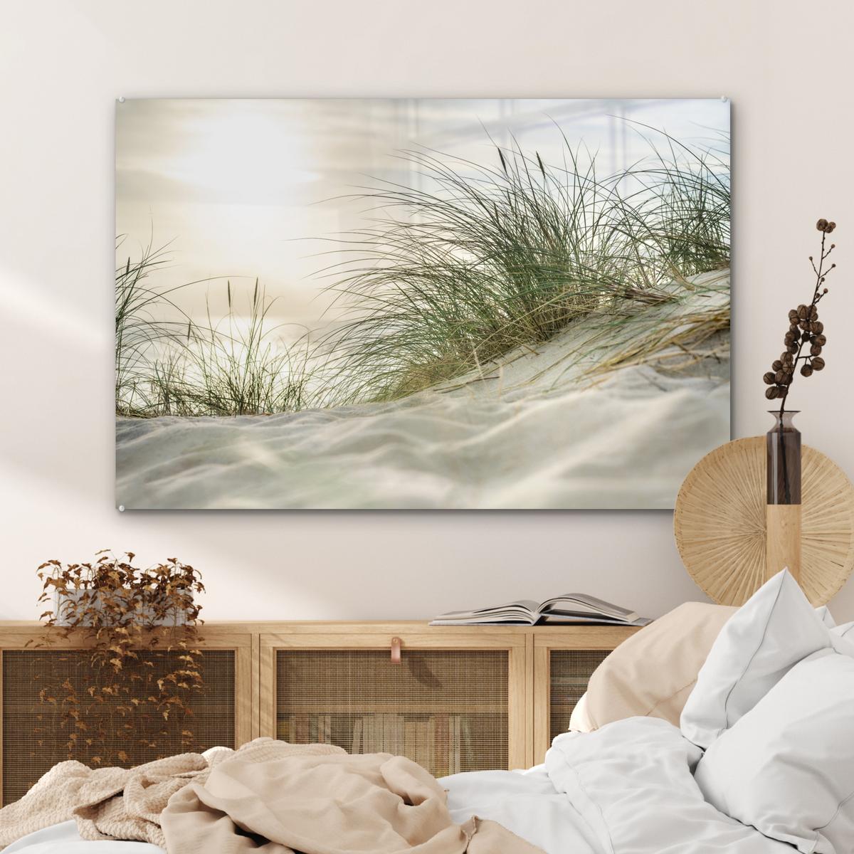 ACRYLGLASBILD Dünen mit Strandhafer in der Sonne des Nationalparks Schleswig-Holsteinisches Wattenmeer Wandbild Schlafzimmer 120x80 cm - Creme, Glas (120/80cm) - MuchoWow