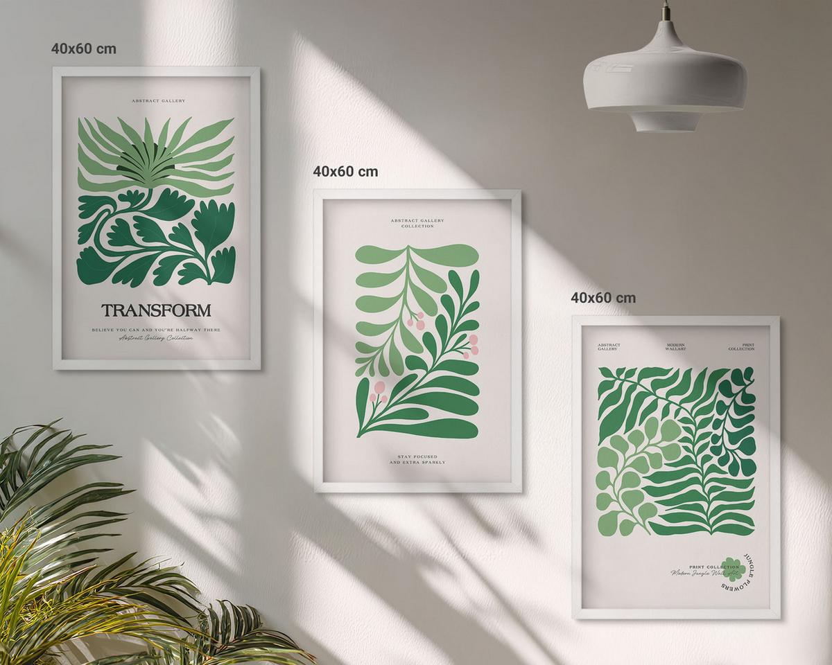 BILDER SET 3er Set - 40x60 cm Weißer Rahmen - Formen grüner Blätter - Weiß, Kunststoff (40/60cm) - TULUP
