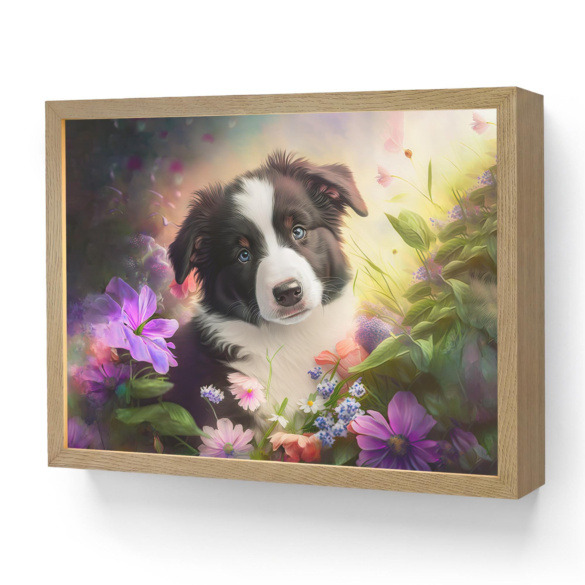 NACHTTISCHLAMPE MIT AKKU Welpe - Sonne - Blumen - Natur - Border Collie - Hund 40x30 cm - Violett, Holzwerkstoff (8/40/30cm) - OnlyWow