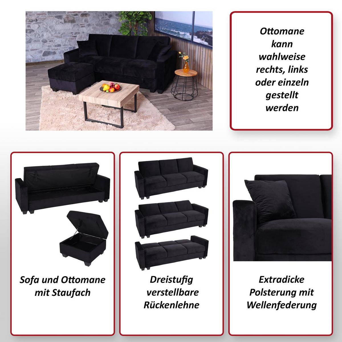 SOFA MIT OTTOMANE Schwarz - Schwarz, Textil (217/145cm) - MCW