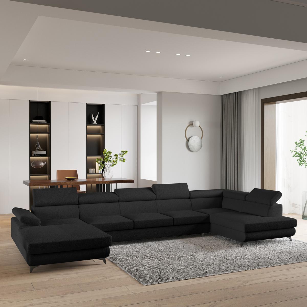 WOHNLANDSCHAFT MONTIVA Schwarz Boucle-Stoff mit Schlaffunktion - Schwarz, Holz (410/89/190cm) - MASSENO