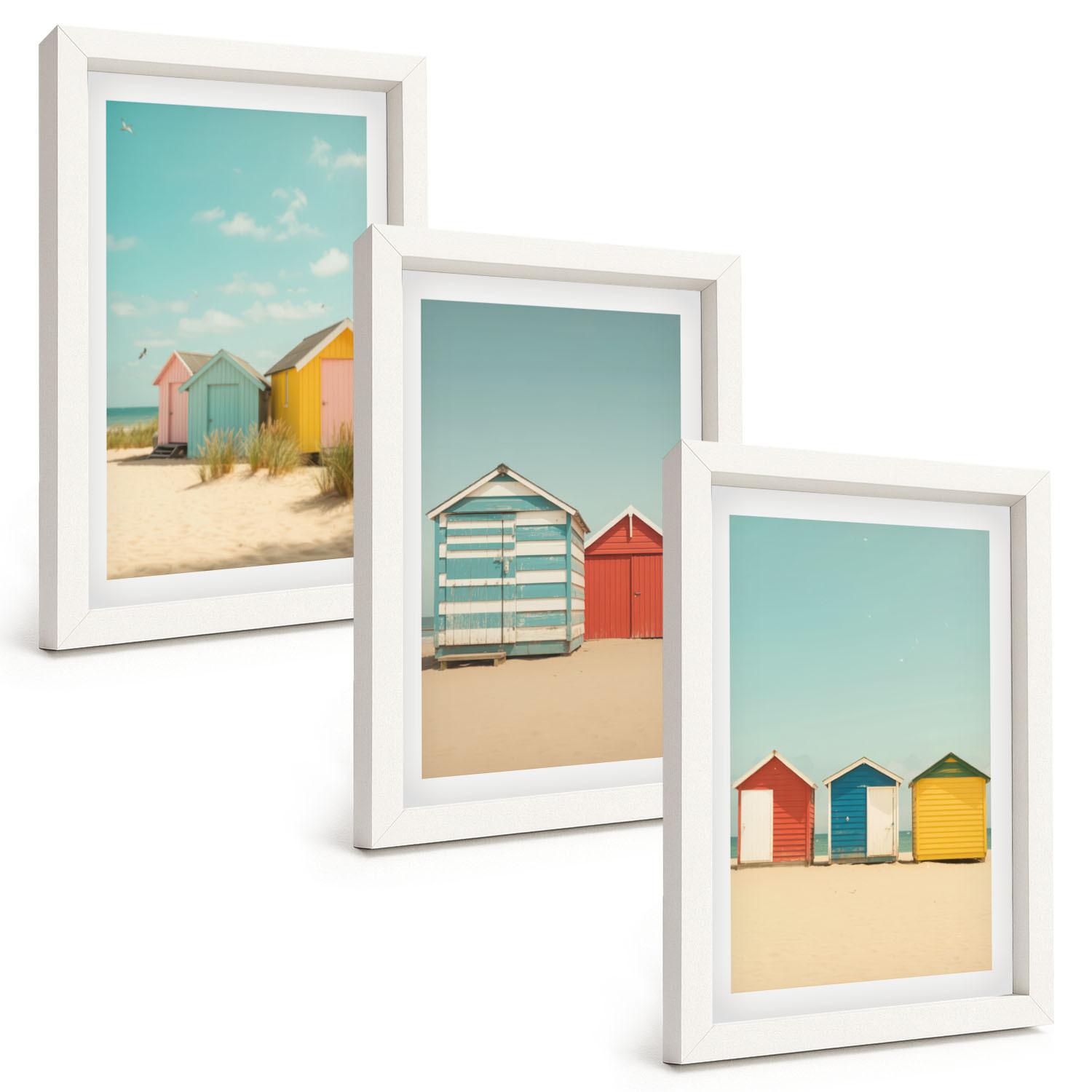 BILDER SET 3er Set - 20x30 cm Weißer Rahmen - Bunte Häuser, Strand, Sonne - Weiß, Kunststoff (20/30cm) - TULUP