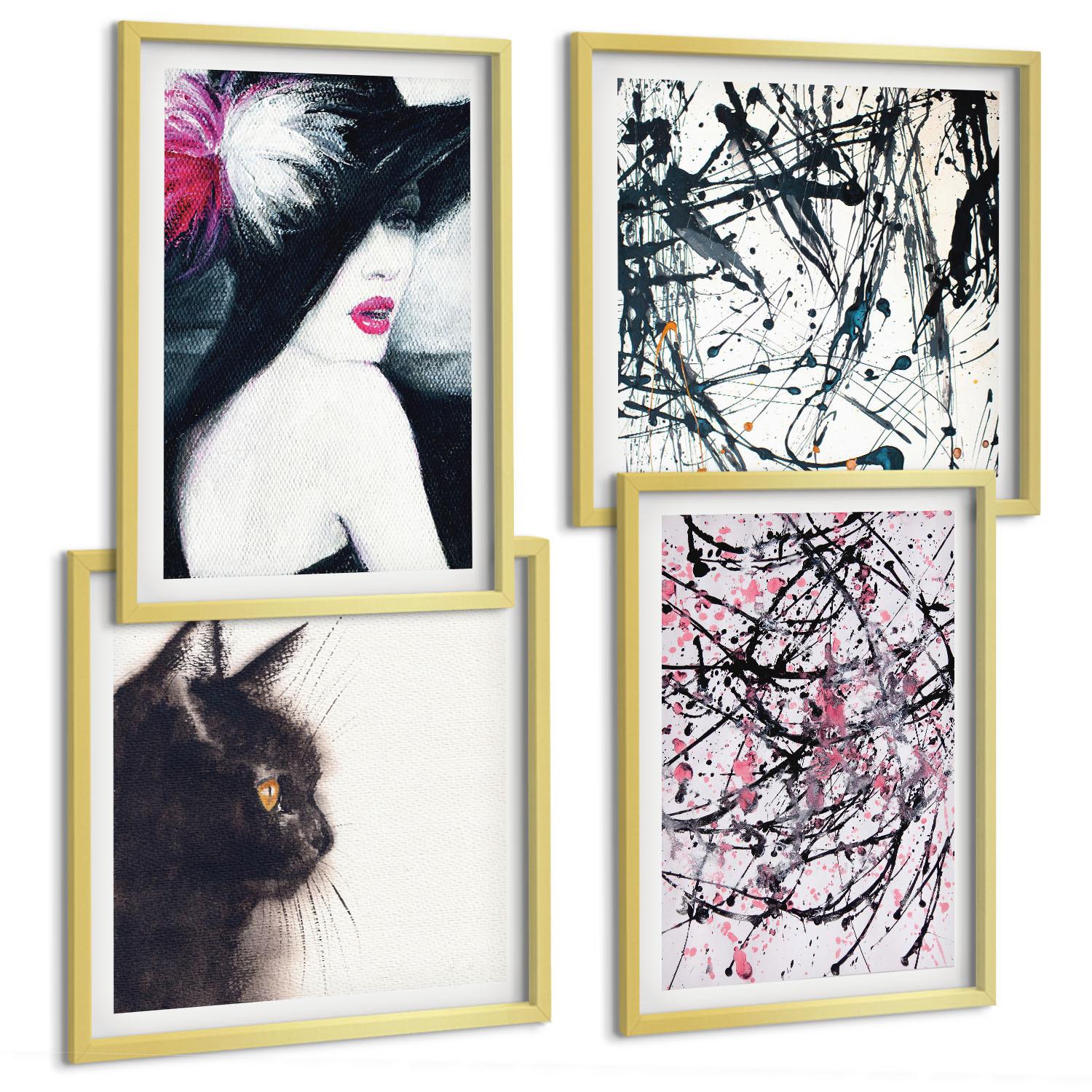 BILDER SET 4er Set - 50x50 cm & 40x60 cm Goldrahmen - Abstrakte Katzenmalereien - Goldfarben, Kunststoff (50/50cm) - TULUP