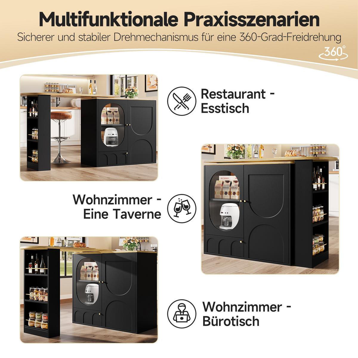 BARTISCH Schwarz 360° Drehbar Ausziehbar Stehtisch mit Stauraum - Schwarz, Holzwerkstoff (73/137.9/92.5cm) - Urban Meuble