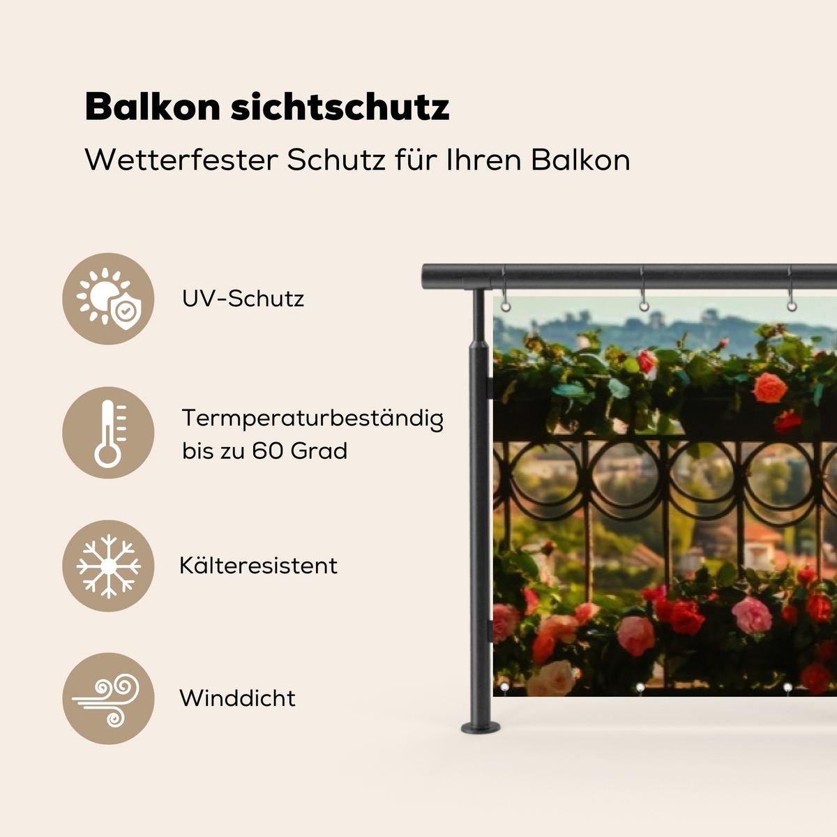 BALKON-SICHTSCHUTZ Blumen - Zaun - Stadtbild - Sommer Deko XXL 500x110 cm - Pink, Kunststoff (500/110cm) - MuchoWow