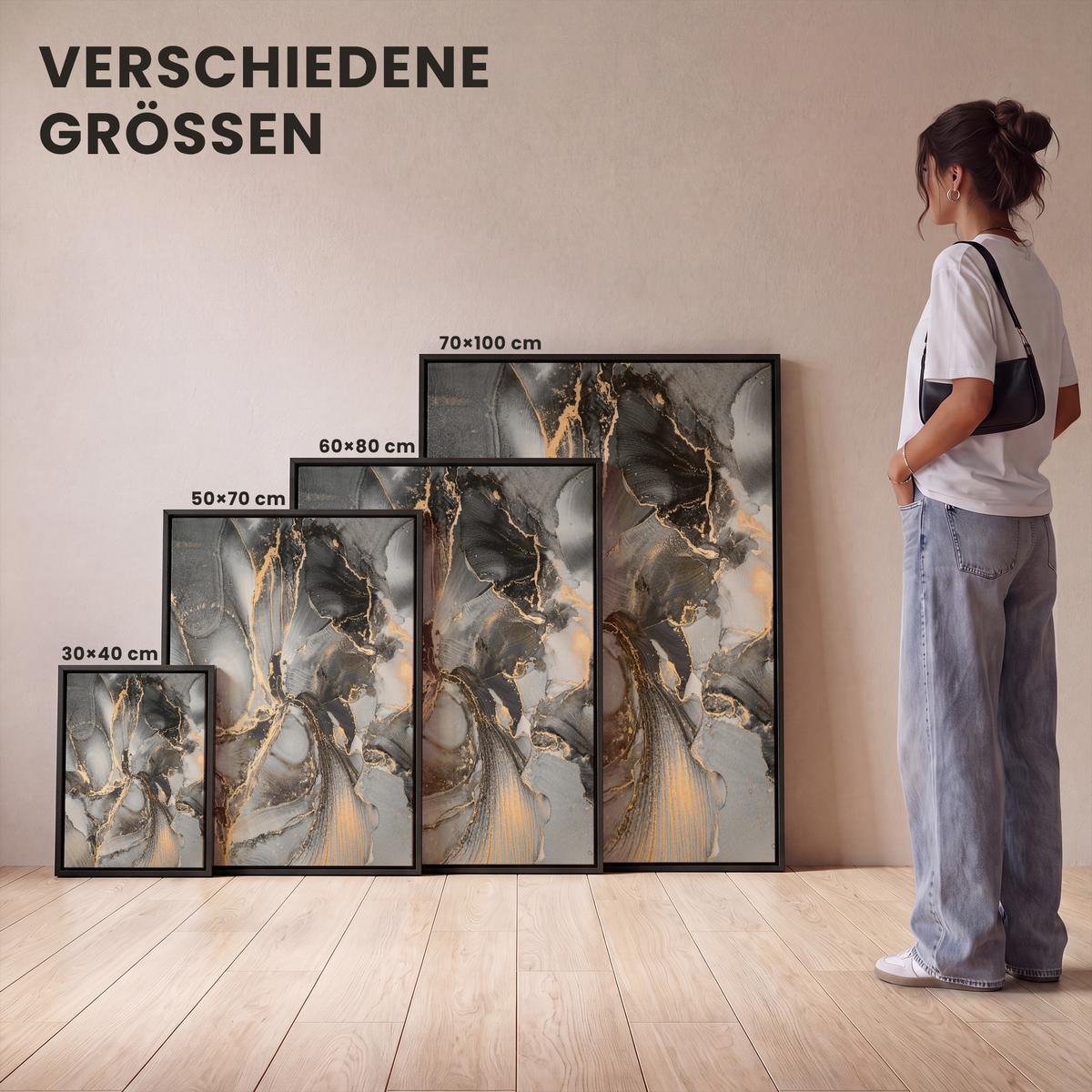 LEINWAND Bilder mit Rahmen - Grau - Luxus - Gold - Marmor - 70x100 - Dunkelgrau, Textil (70/100cm) - MuchoWow
