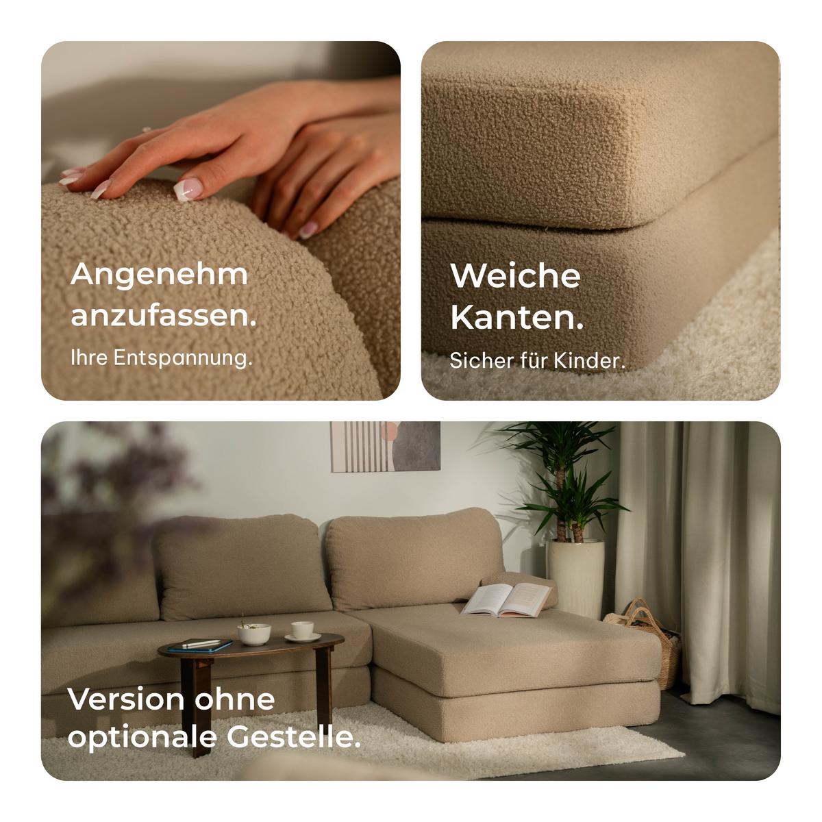 ECKSOFA LEA modulares Boneless Sofa mit Schlaffunktion Beige Boucle-Stoff - Beige, Textil (270/160cm) - MASSENO