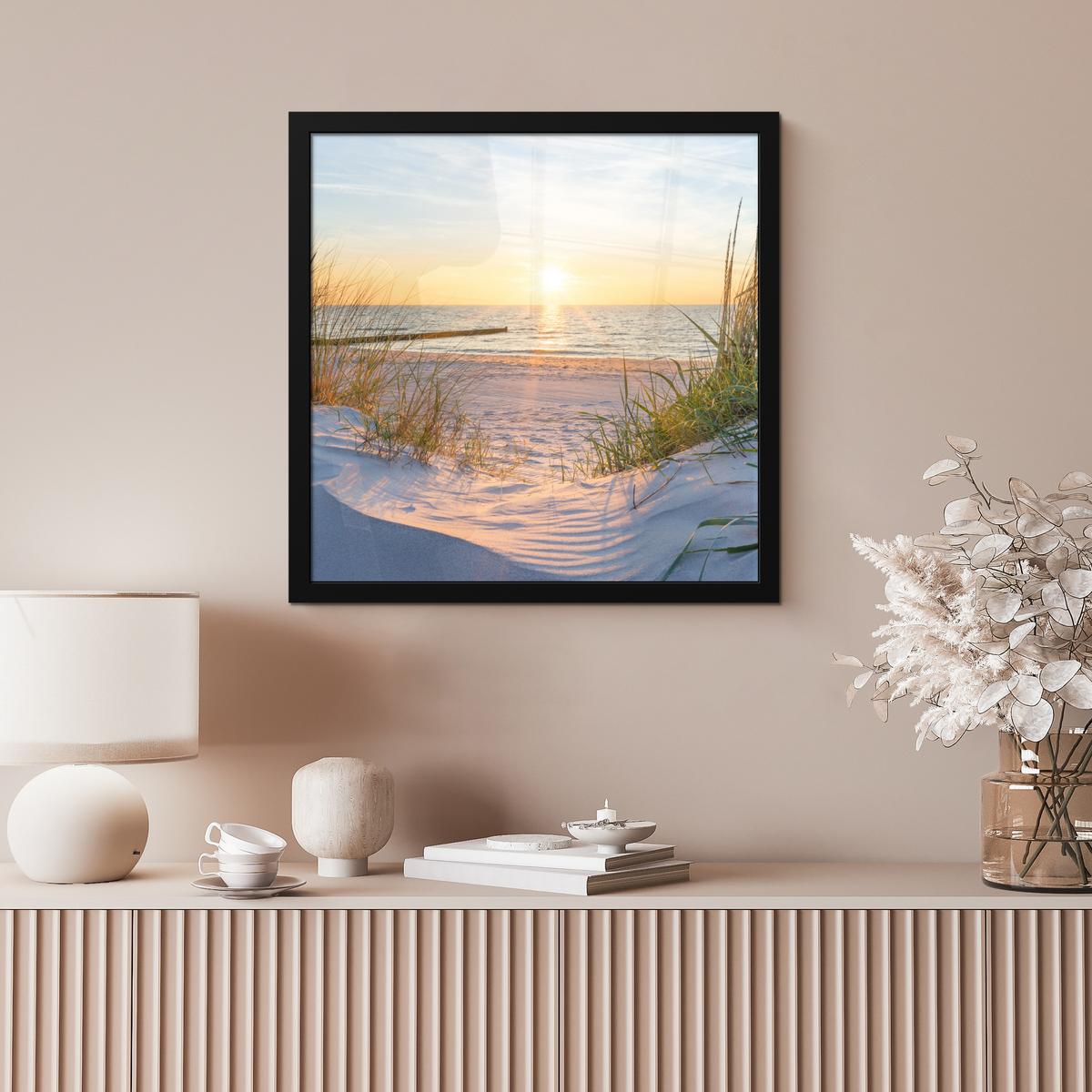 POSTER MIT RAHMENGERAHMTES BILD Strand - Sonne - Düne - Gras - Sand - Horizont 40x40 cm - Hellblau, Papier (40/40cm) - MuchoWow