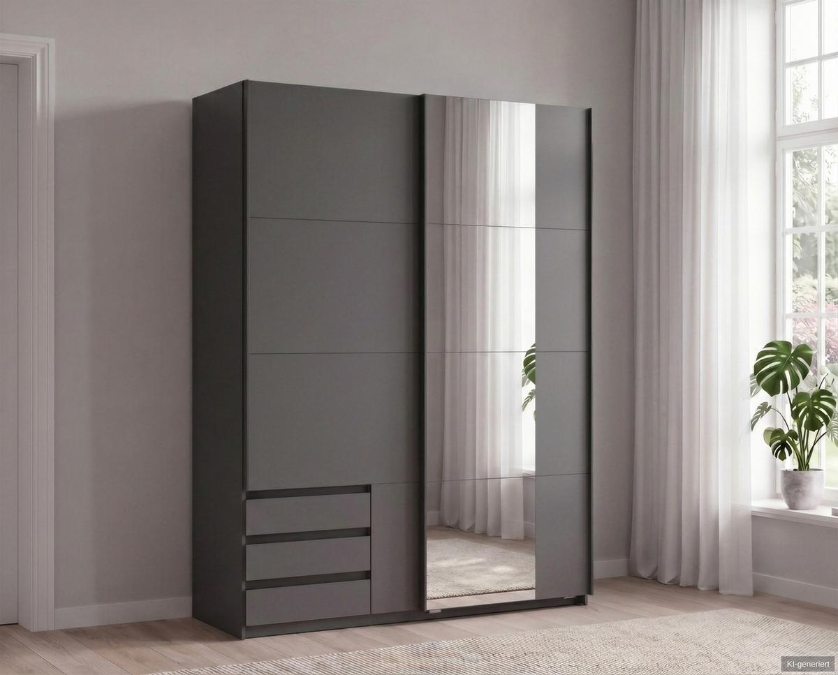 SCHWEBETÜRENSCHRANK 2-türig B135/H198/T65 cm, Kleiderschrank in Grafit mit sichtbaren Schubkästen & Spiegel / 22679 - Graphitfarben/Schwarz, Holz/Holzwerkstoff (135/198/65cm) - luma-home