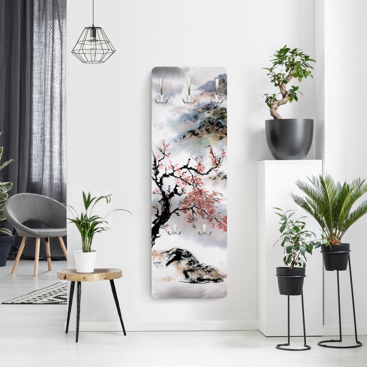 WANDGARDEROBE - Japanische Aquarell Zeichnung Kirschbaum und Berge 34/105 cm - Grau, Holzwerkstoff (34/105/1.6cm) - Bilderwelten
