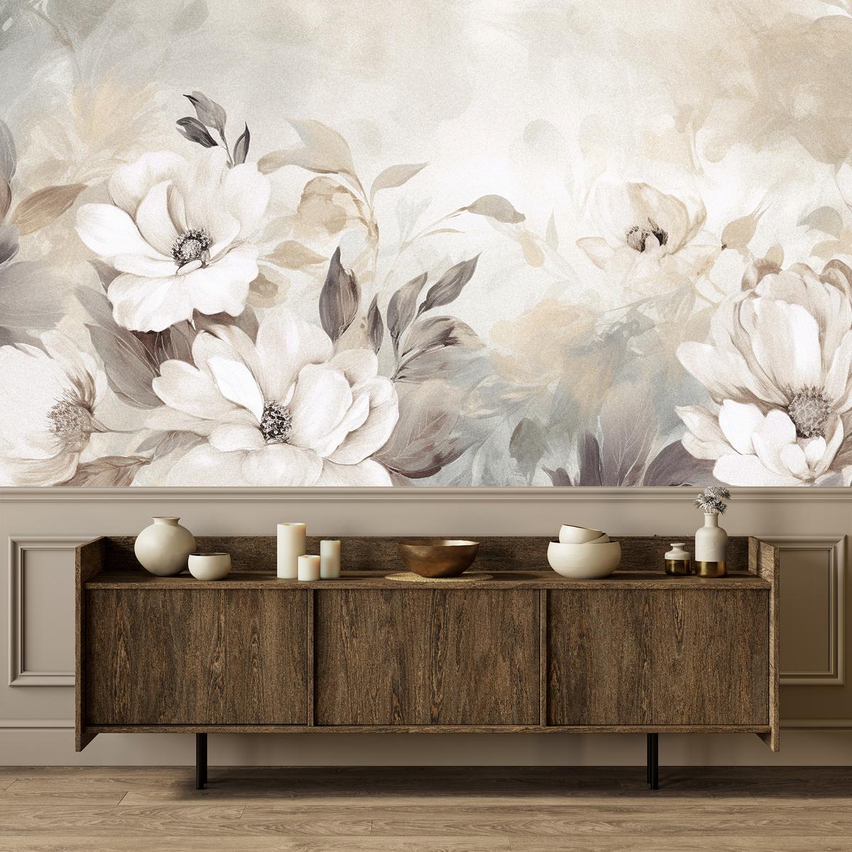 FOTOTAPETE für Schlafzimmer Abstrakte Creme Blumen Aquarell 300x210 - Beige/Braun, Papier (300/210cm) - Muralo