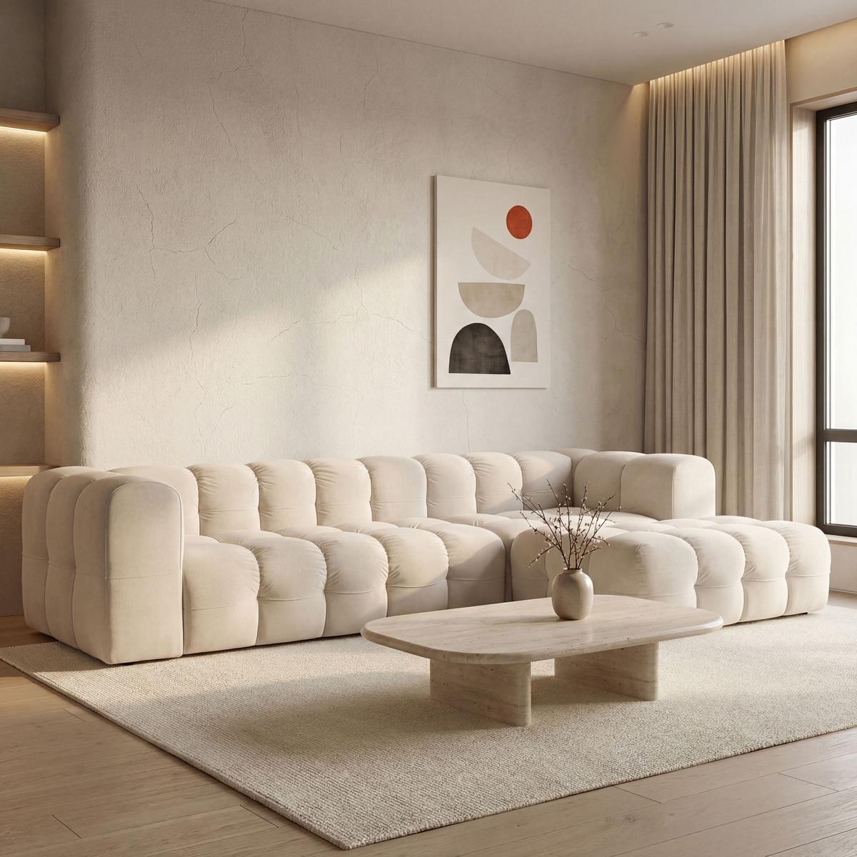 ECKSOFA Mochi L-Form 5-Sitzer Rechts, Samt, Beige 290/75/193 cm - Ecru/Schwarz, Kunststoff/Textil (290/193cm) - WFL GROUP