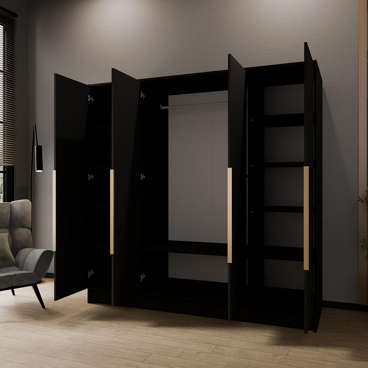 DREHTÜRENSCHRANK BERON 200/200/51 cm Modern Kleiderschrank 4-türig Schwarz - Schwarz, Holzwerkstoff (200/200/51cm) - MASSENO