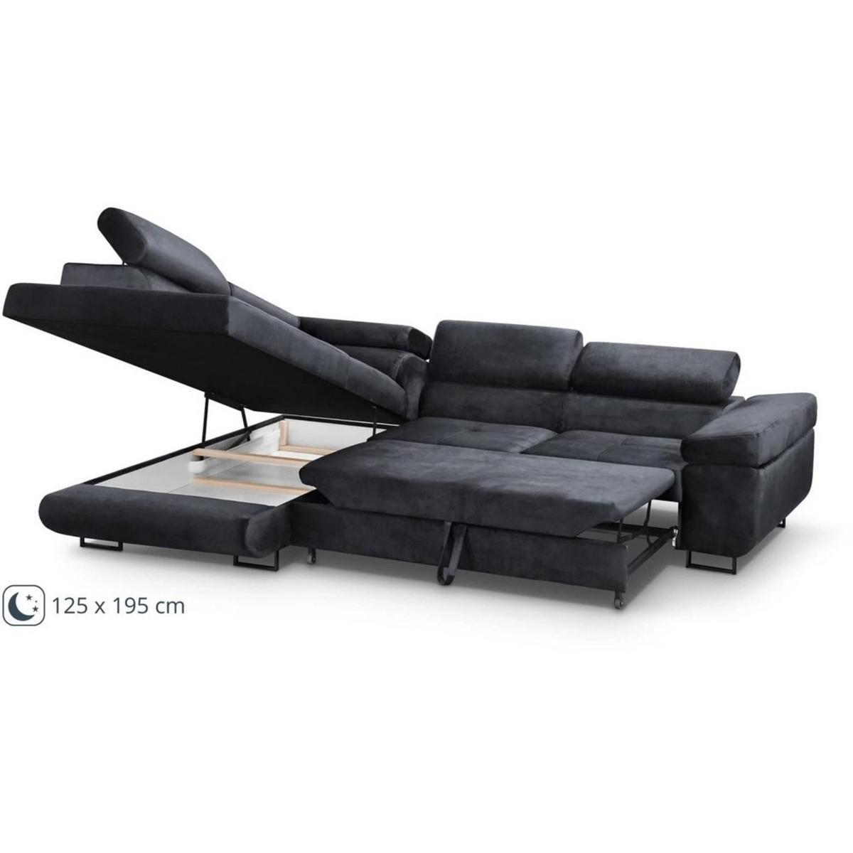 ECKSCHLAFSOFA Waldo verstellbaren Kopfstützen, Schwarz, rechts - Schwarz, Textil (275/203cm) - Beautysofa