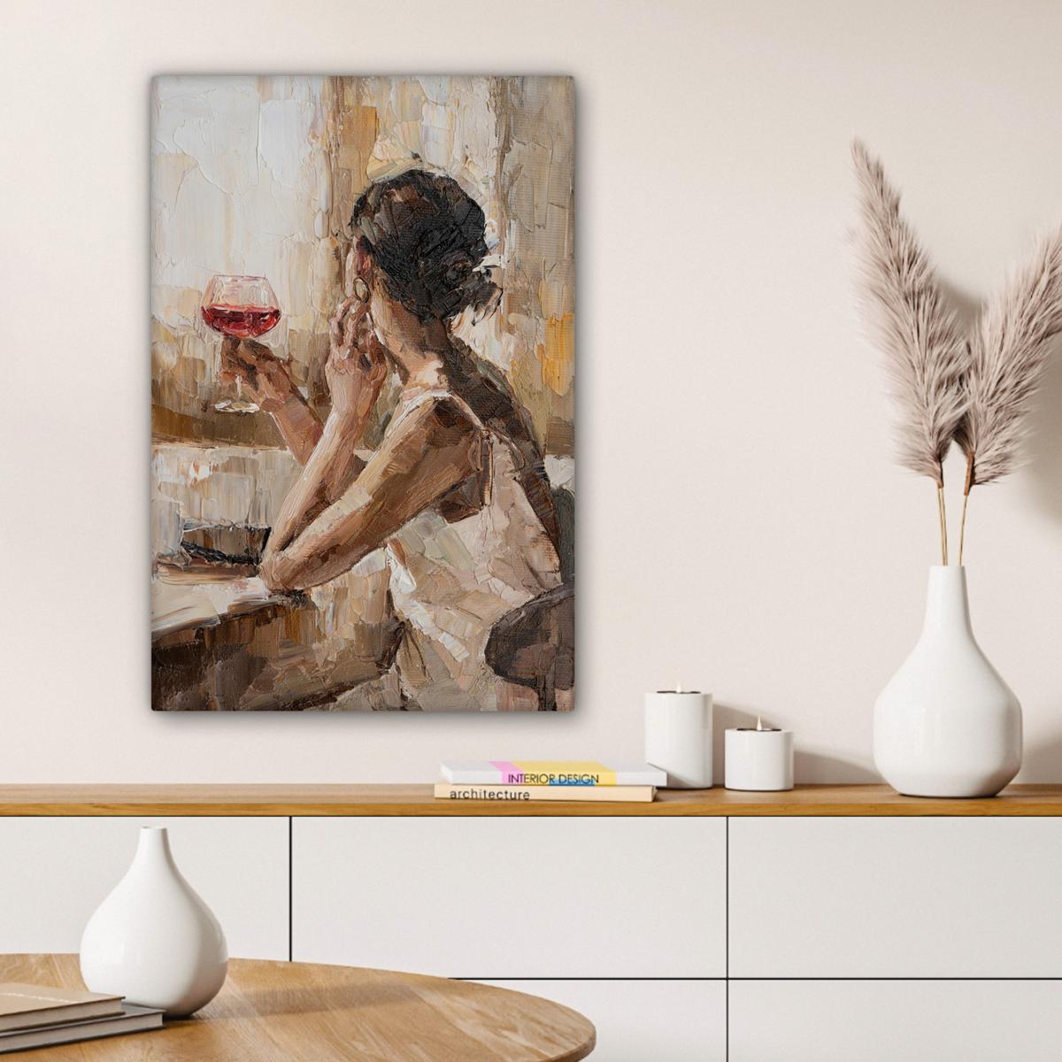 LEINWANDBILD Ölgemälde - Frau - Wein Wanddeko 40x60 cm - Hellbraun, Textil (40/60cm) - MuchoWow