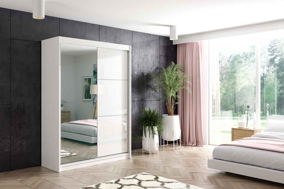 KLEIDERSCHRANK mit Spiegel-Schiebetüren und Aluminium-Leisten, LED-Beleuchtung - VIVI - 150 cm Weiß - Weiß, Holzwerkstoff (150/216/61cm) - ALTDECOR