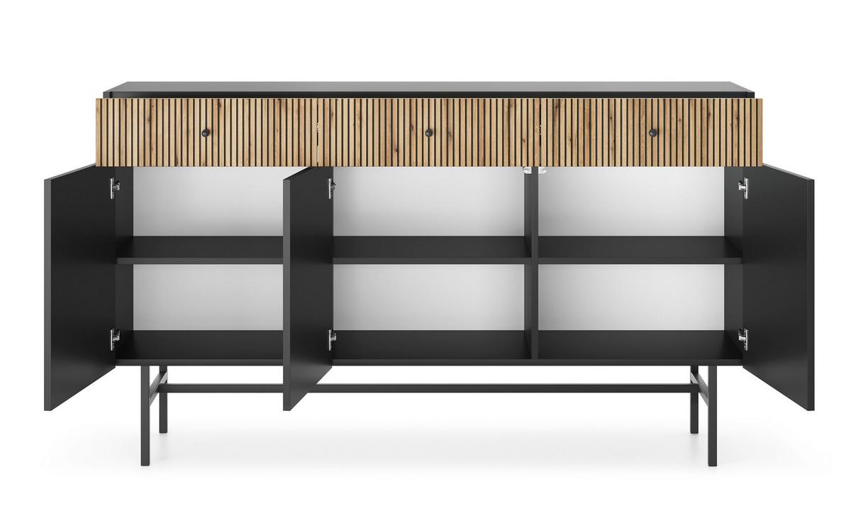 SIDEBOARD Dinley 3T 3S Schwarz, Braun 155/89,4/39 cm – mit langen Beinen und Lamellenfront - Schwarz/Braun, Holzwerkstoff/Metall (155/89.4/39cm) - AX Living