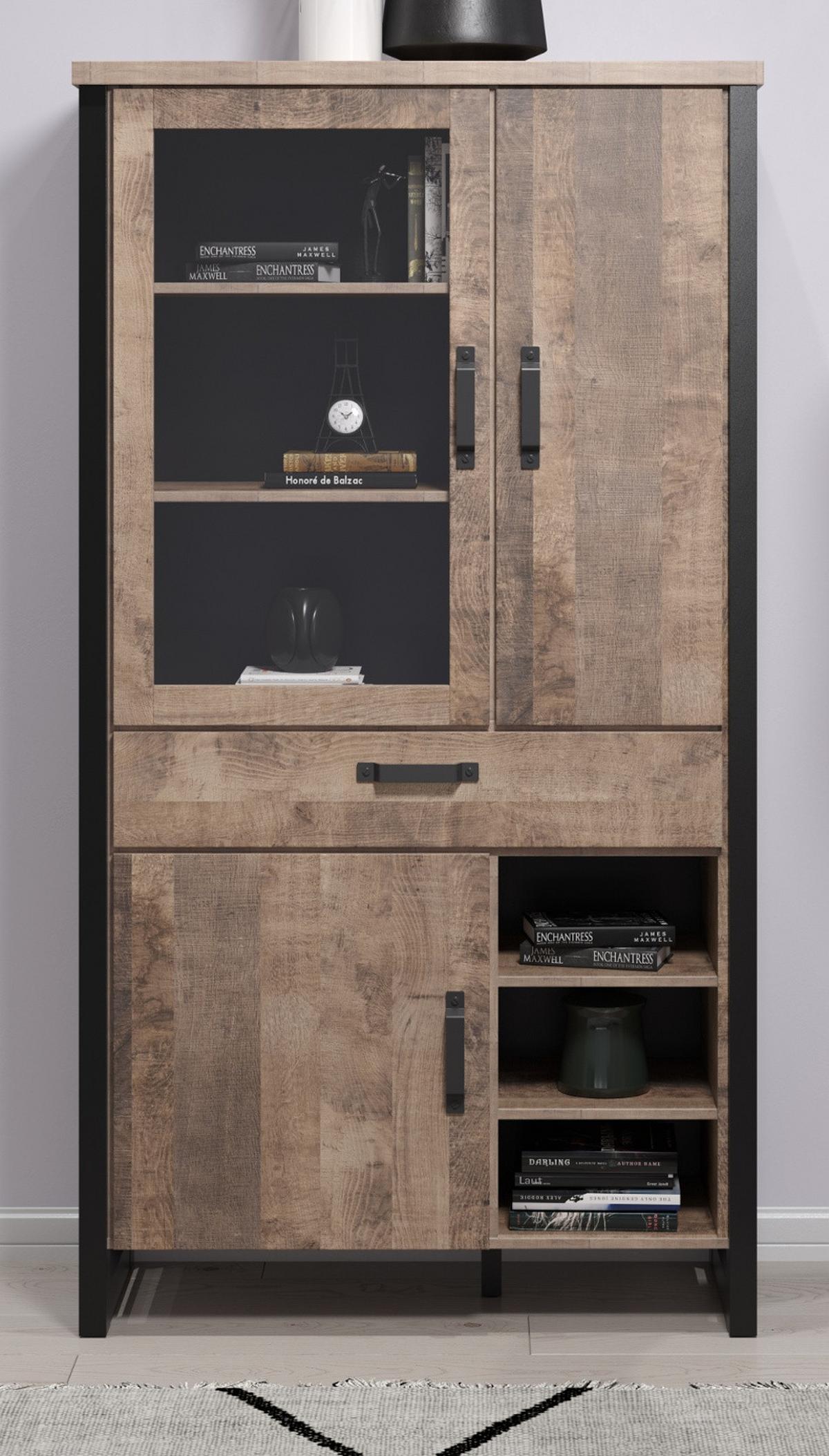 VITRINE Eiche Tabak, schwarz 106 x 195 cm, Vitrinenschrank für Wohn- und Esszimmer - Eichefarben/Schwarz, Glas/Holzwerkstoff (45/195/106cm) - Top.Furn