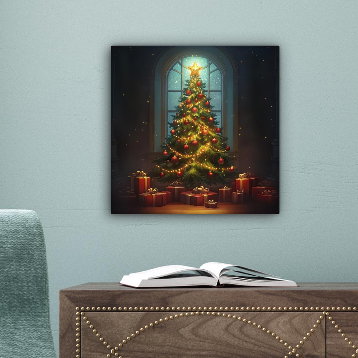 LEINWANDBILD Weihnachtsbaum - Geschenk - Winter Deko Wohnzimmer 20x20 cm - Grün, Textil (20/20cm) - MuchoWow
