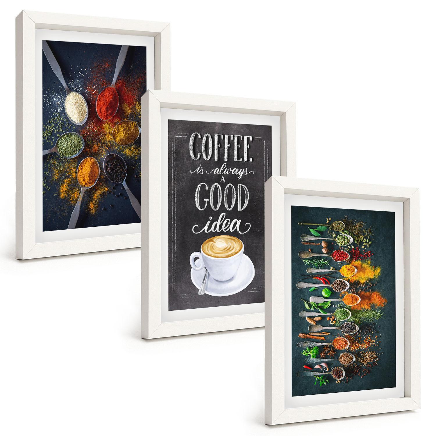 BILDER SET 3er Set - 20x30 cm Weißer Rahmen - Gewürze, Kaffee, Kräuter, Muster - Weiß, Kunststoff (20/30cm) - TULUP