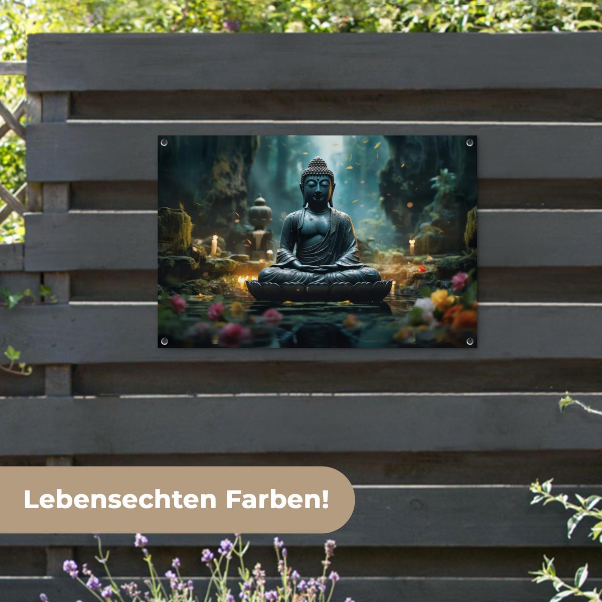 GARTENPOSTER Buddha - Statue - Buddha - Zen - Kunst - Buddha Gartendeko 90x60 cm - Dunkelgrau, Kunststoff (90/60/0.2cm) - OnlyWow