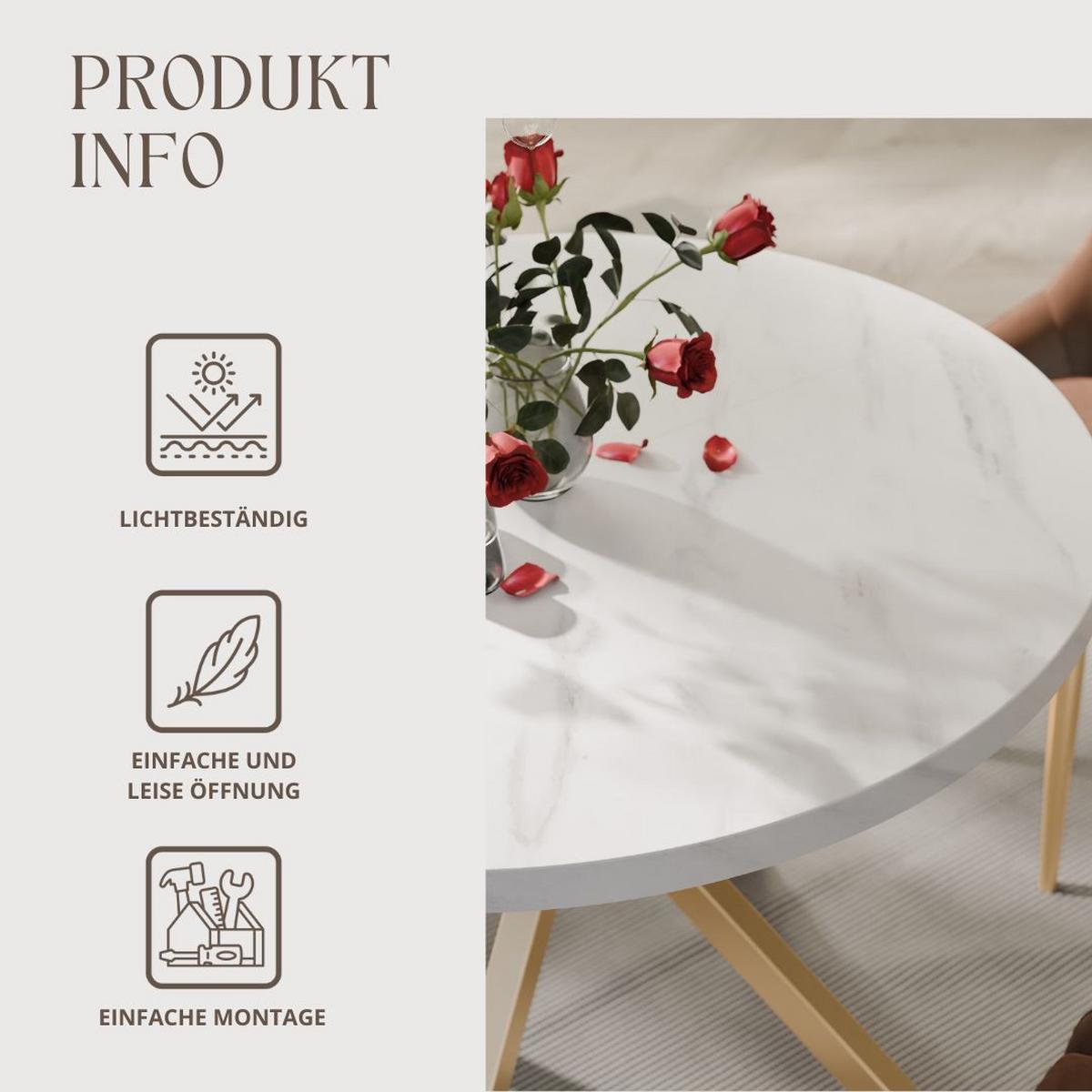 AUSZIEHTISCH MILTON 120-196/76 cm mit Metallgestell, Gold / Bianco Marmor - Perlmutt/Goldfarben, Holzwerkstoff/Metall (120/120/76cm) - Idohome