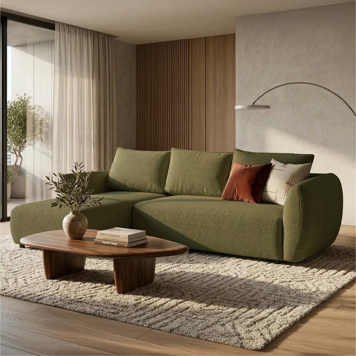 ECKSCHLAFSOFA Zordo OLIVGRÜNER CHENILLE LINKS MIT ZWEI BETTKÄSTEN - Schwarz/Olivgrün, Kunststoff/Textil (256/170cm) - Selsey