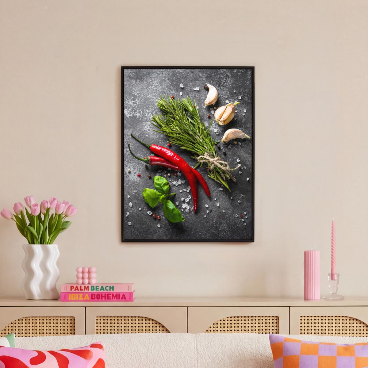 LEINWAND Bilder mit Rahmen - Pfeffer - Kräuter - Gewürze - Beton - 50x70 - Dunkelgrau, Textil (50/70cm) - MuchoWow