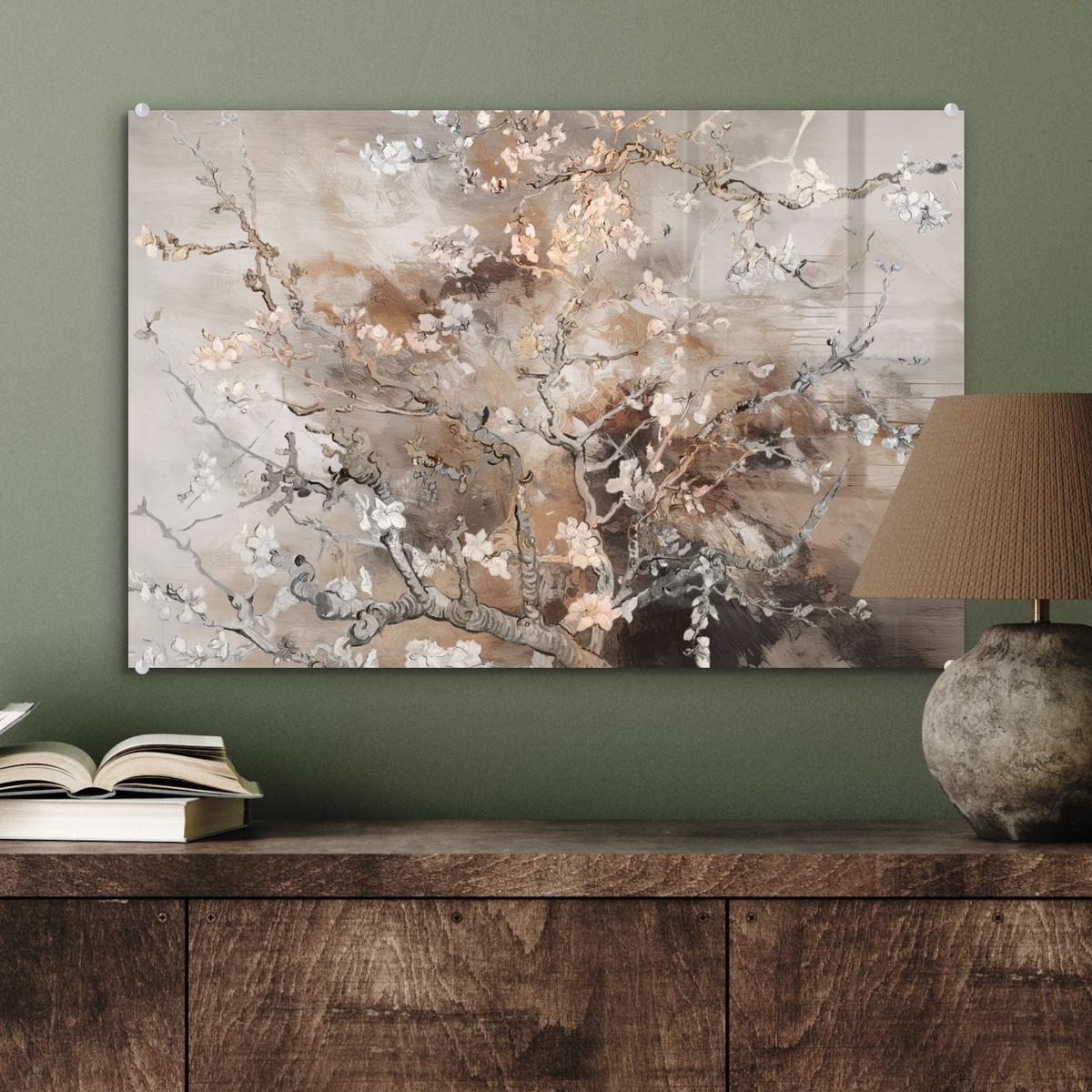 ACRYLGLASBILD Mandelblüte - Kunst - Van Gogh - Beige - Abstrakt Wanddeko 60x40 cm - Braun, Glas (60/40cm) - MuchoWow