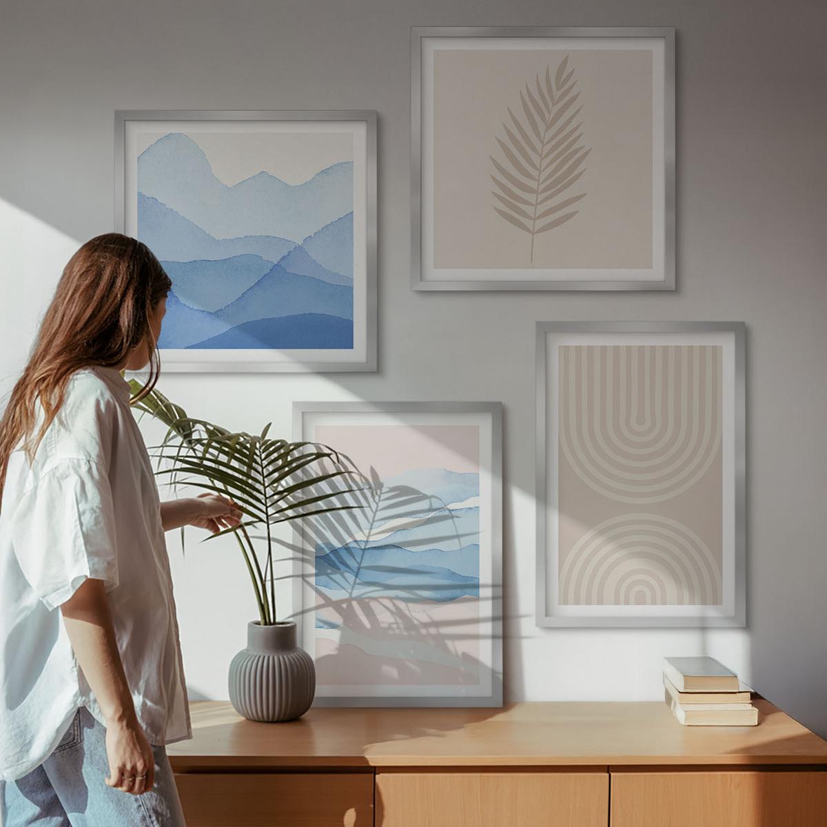 BILDER SET 4er Set - 50x50 cm & 40x60 cm Silberner Rahmen - Blätterwellen beige blau - Silberfarben, Kunststoff (50/50cm) - TULUP