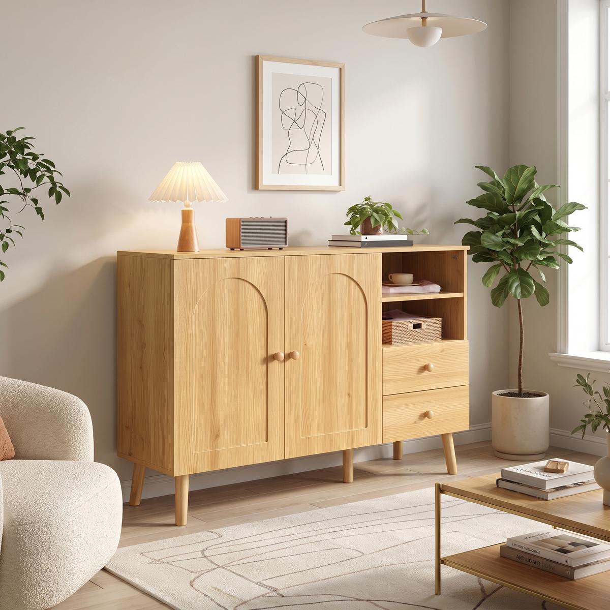 SIDEBOARD 118cm mit gewölbten Türen, 2 Schubladen, für Wohnzimmer - Naturfarben, Holzwerkstoff (118/82/35cm) - Urban Meuble