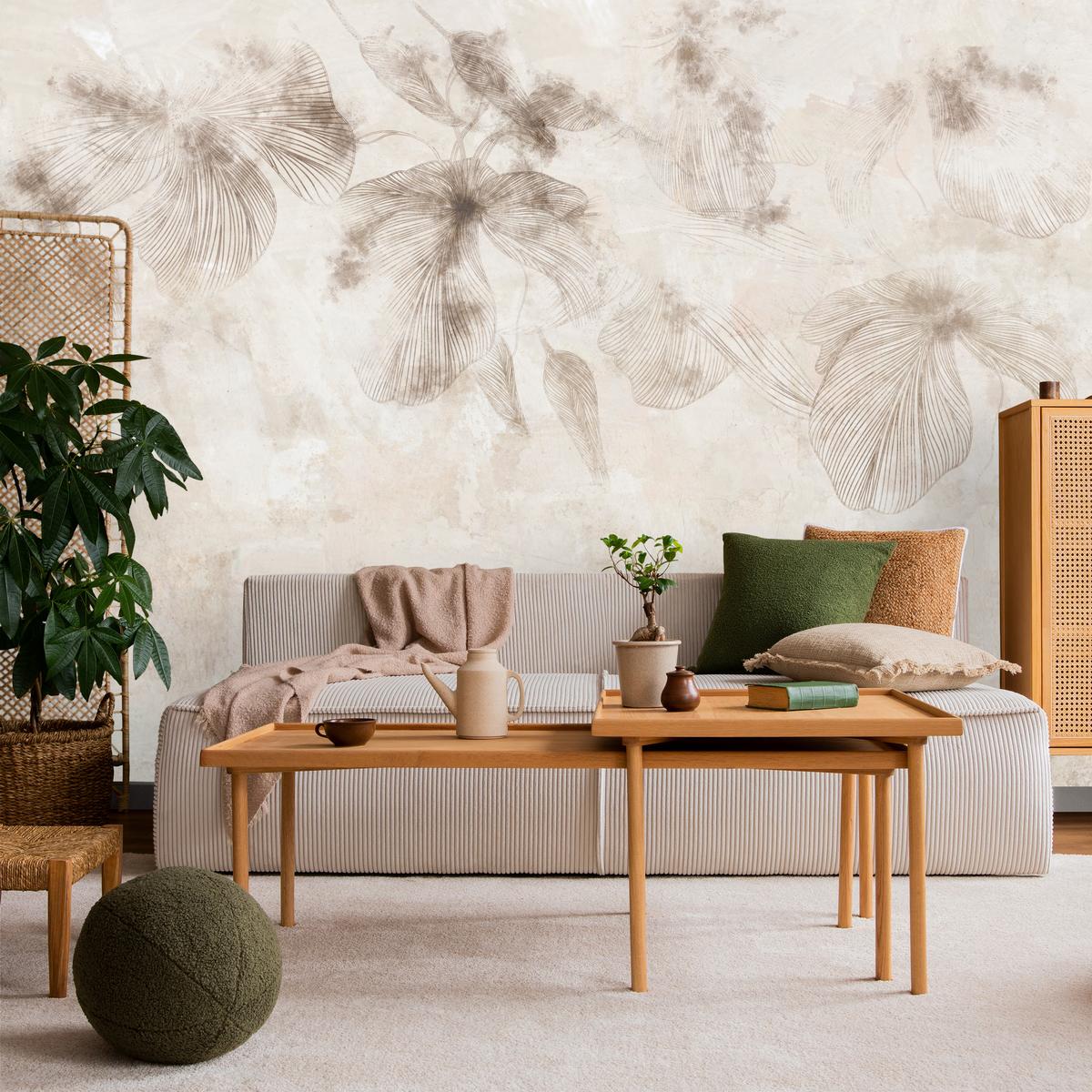 FOTOTAPETE für Wohnzimmer Boho Blumen auf Beton Natur Vintage 450x315 - Beige/Braun, Papier (450/315cm) - Muralo