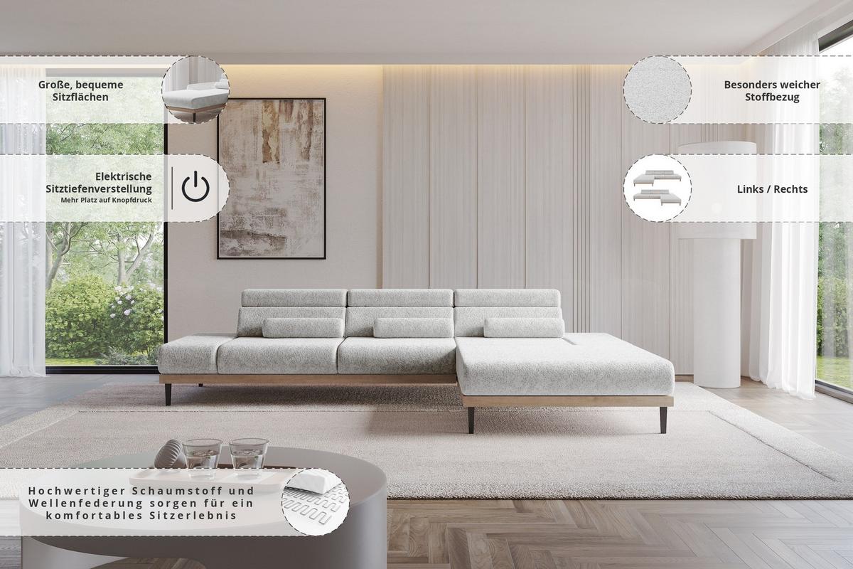 ELEKTRISCHES ECKSOFA Rechts MONA 316x205x85 Grau Velours - Grau, Holzwerkstoff/Textil (316/205cm) - ALTDECOR