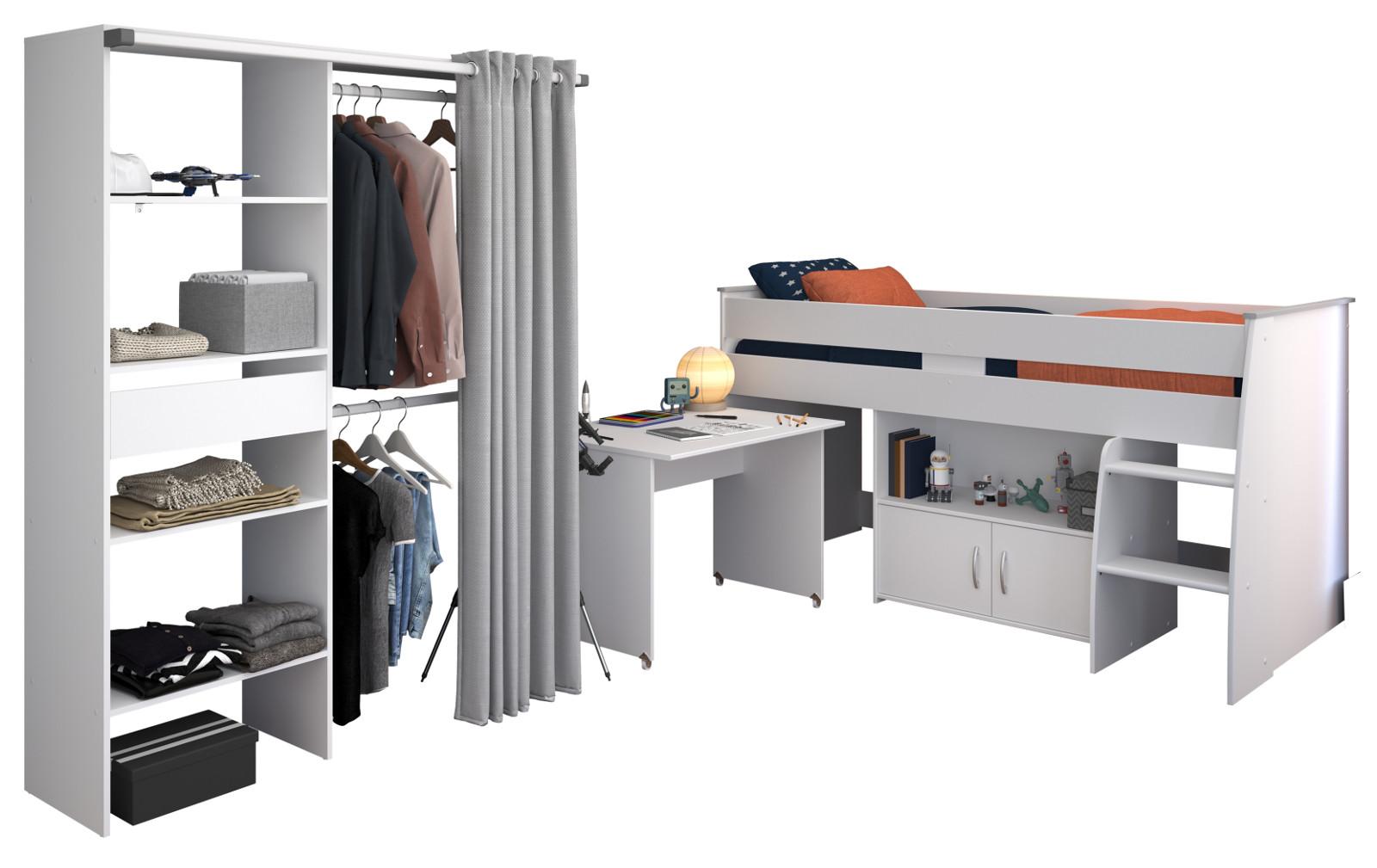 KINDERZIMMER weiß 2-teilig, Jugendzimmer-Set mit Stauraumbett und Kleiderschrank - Schwarz/Weiß, Holzwerkstoff/Kunststoff (143/182/115cm) - Parisot Meuble