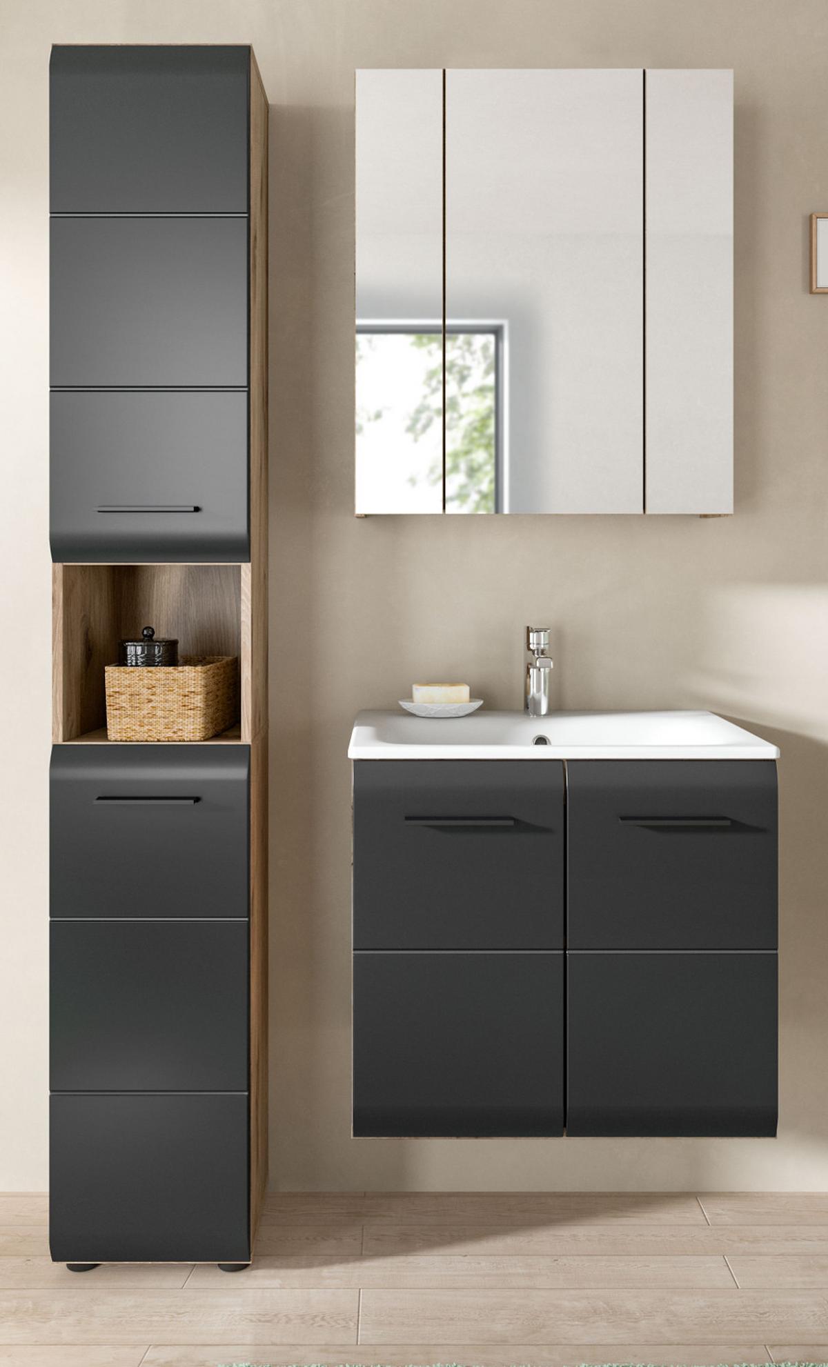 BADMÖBEL-SET 3-teilig Schwarz matt, Eiche Nox, Badezimmer Komplett-Set mit Waschbecken, 105 x 185 cm - Eichefarben/Schwarz, Glas/Keramik (105/185/46cm) - Inn.Furn