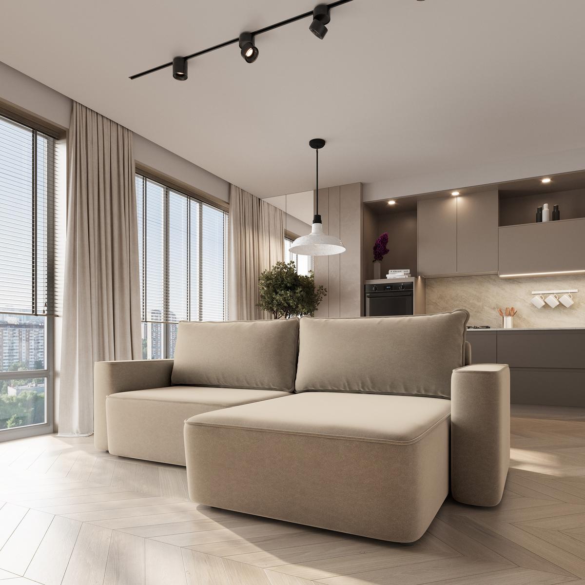 ECKSOFA BELISE CL Beige Veloursstoff mit Schlaffunktion - Beige, Holz/Textil (252/162cm) - MASSENO