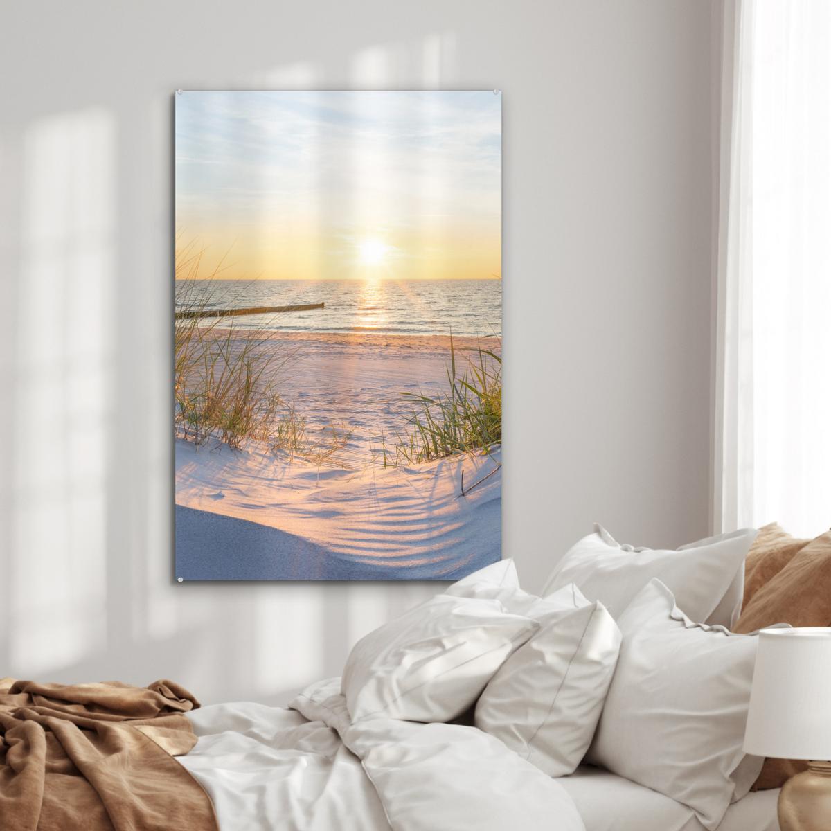 ACRYLGLASBILD Strand - Sonne - Düne - Gras - Sand - Horizont 80x120 cm - Hellblau, Glas (80/120cm) - MuchoWow