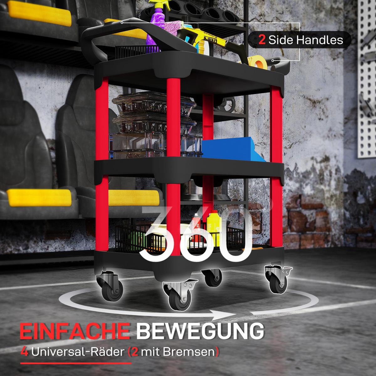 WERKSTATT-ROLLWAGEN mit 3 Ebenen Werkstattwagen mit Griff für Garage Schwarz - Schwarz, Kunststoff (43/96/81cm) - HOMCOM