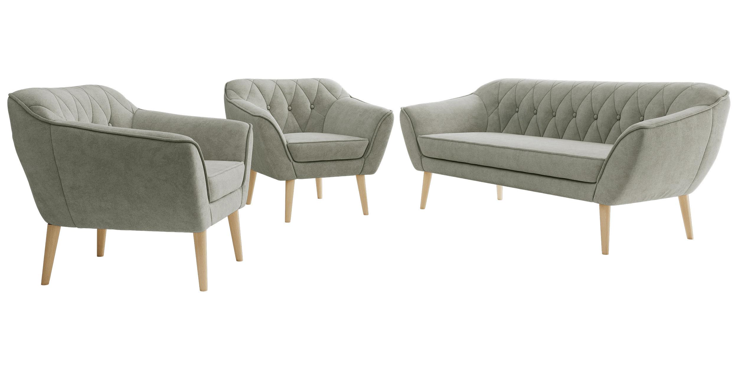 SITZGARNITUR PIRS 3+1+1 - Hellgrau Strukture - Holzbeine - Silberfarben/Buchefarben, Holzwerkstoff/Textil (180/75/74cm) - MKS
