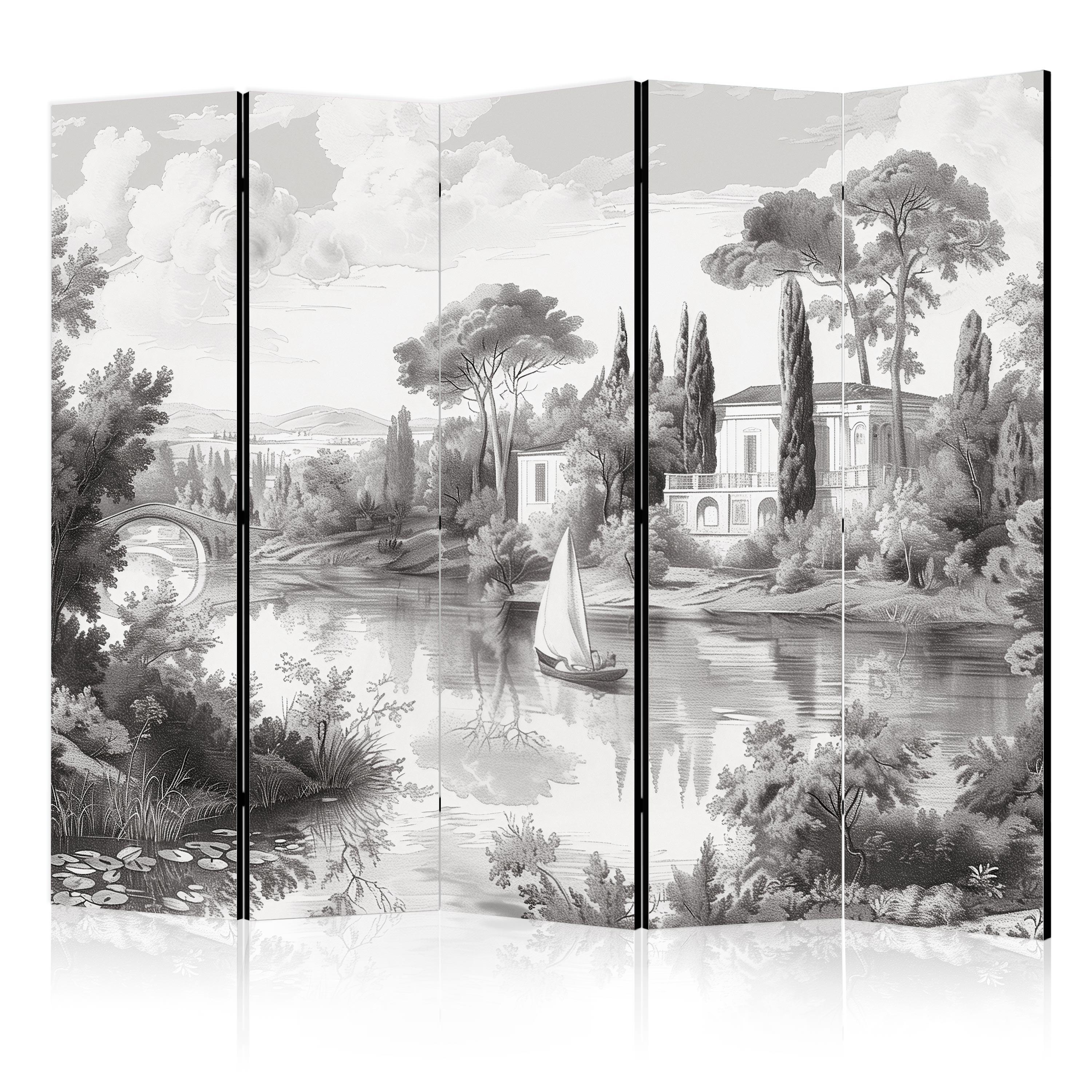 PARAVENT Beidseitig Bedruckter 5-tlg 225x172 cm Retro Fluss Landschaft - Grau, Holz/Textil (225/172/3cm) - Muralo