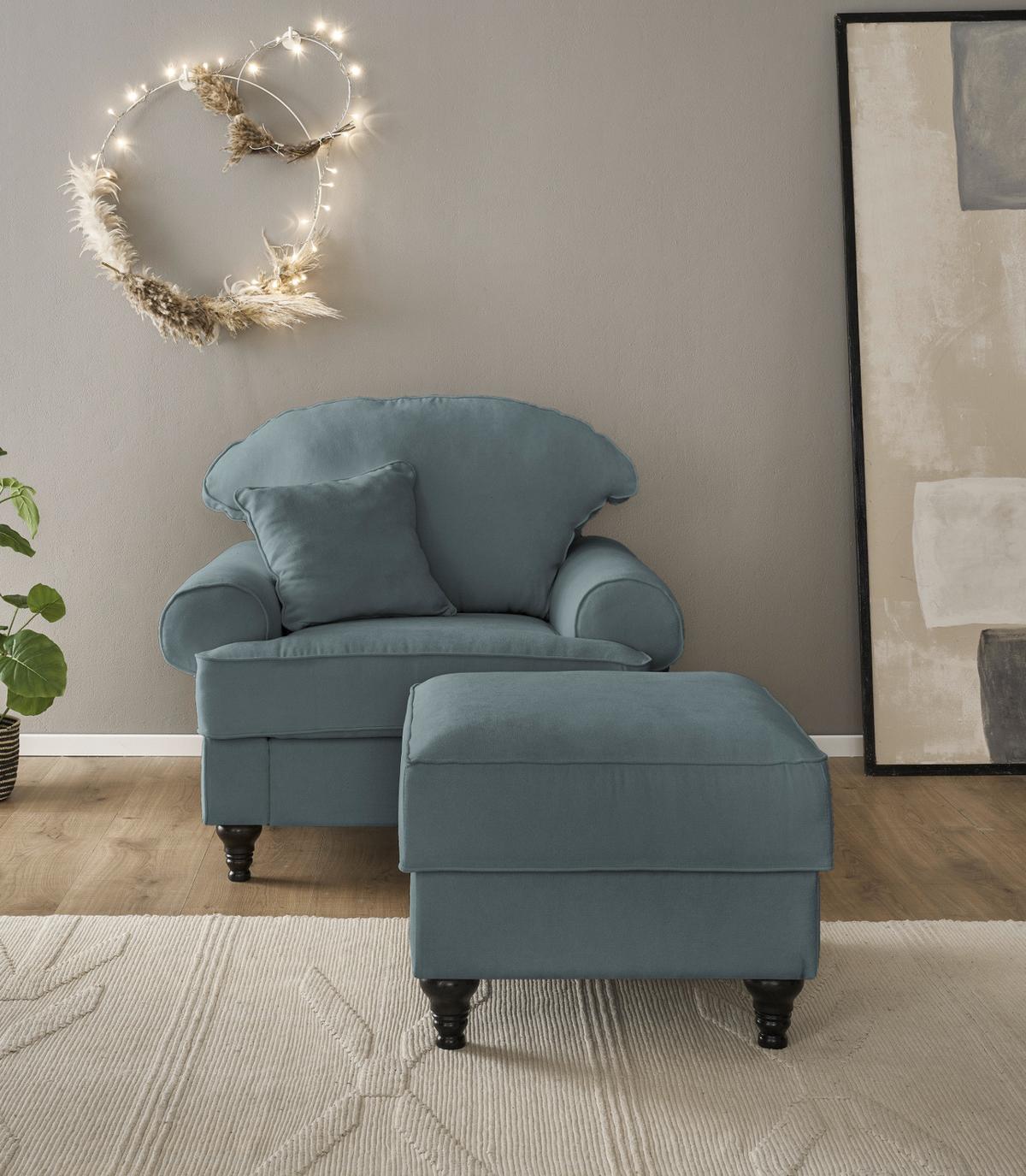 SESSEL-SET grau Landhaus, Loungesessel inklusive Hocker - Braun/Grau, Holz/Textil (175/95/110cm) - Furn.Design