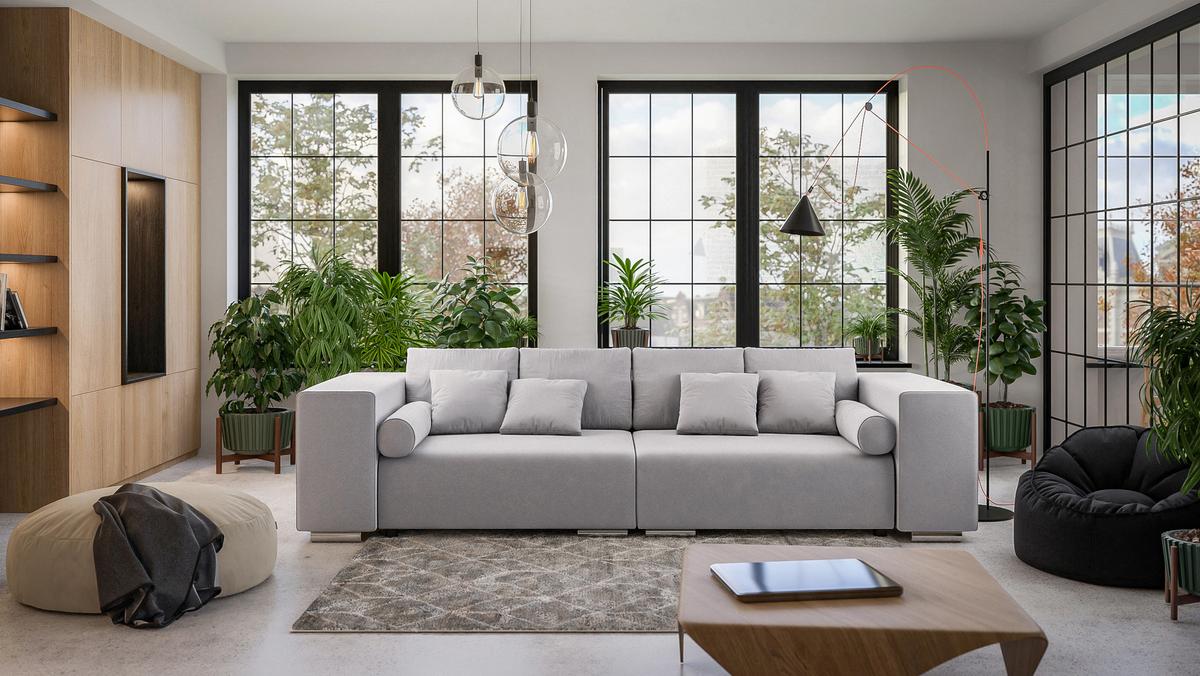 BIGSOFA Kami Microfaser Silber - Silberfarben/Schwarz, Kunststoff/Textil (290/80/110cm) - S-Style