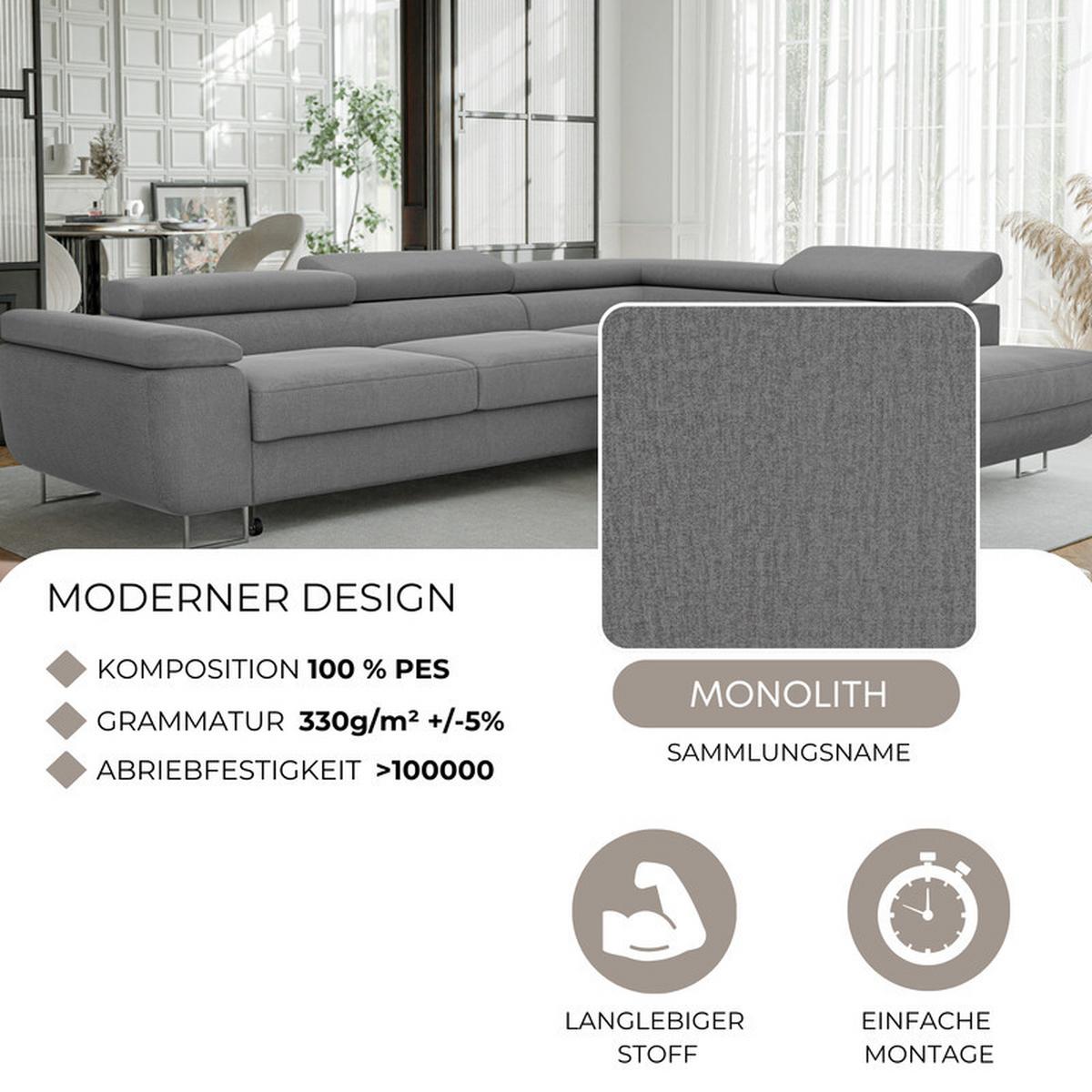 ECKSOFA ANTON rechts, mit Schlaffunktion und Bettkasten Dunkelgrau - Chromfarben/Dunkelgrau, Textil/Metall (274/203cm) - Idohome