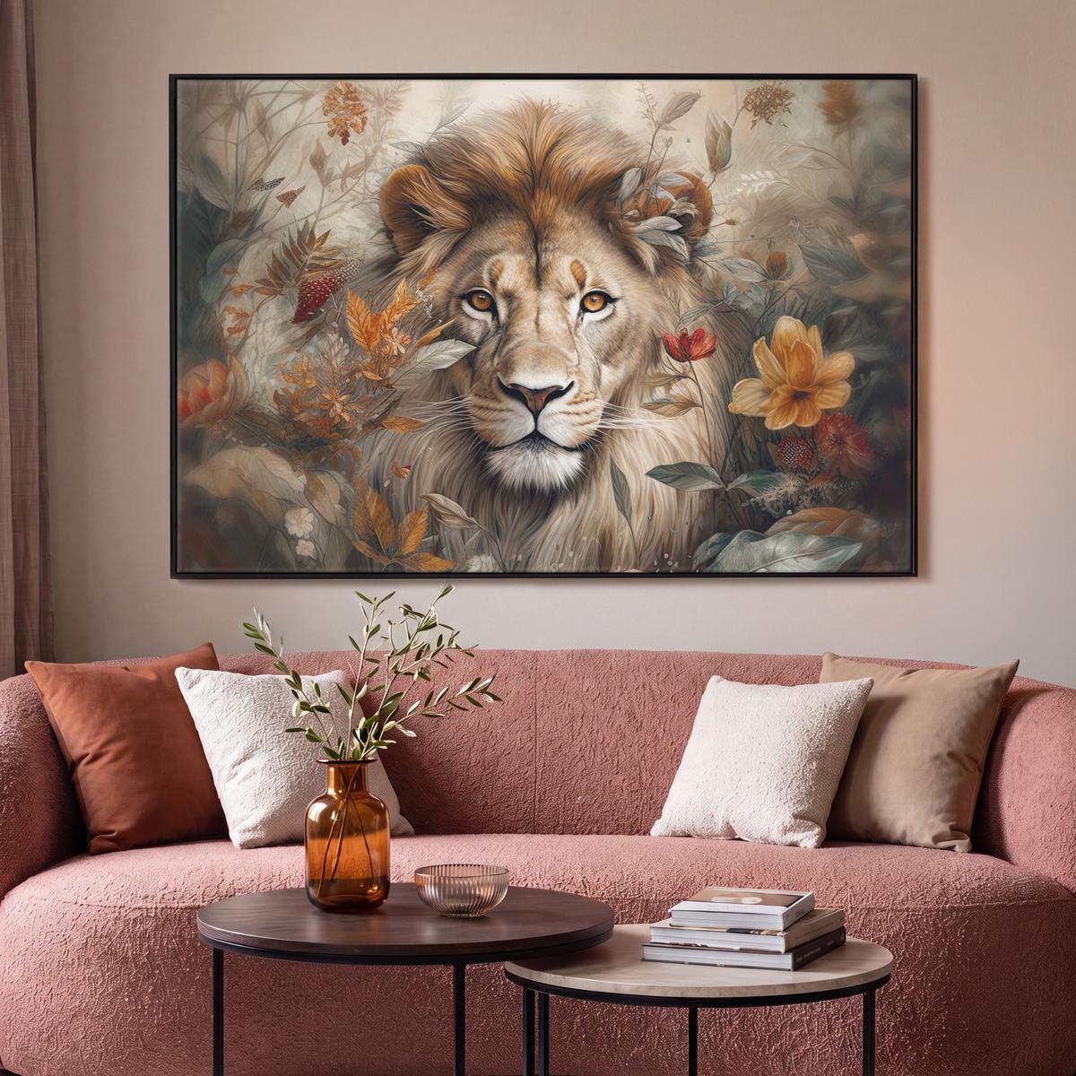 LEINWAND Bilder mit Rahmen - Löwe - Wildtiere - Pflanzen - Natur - Blumen - 120x80 - Beige, Textil (120/80cm) - MuchoWow