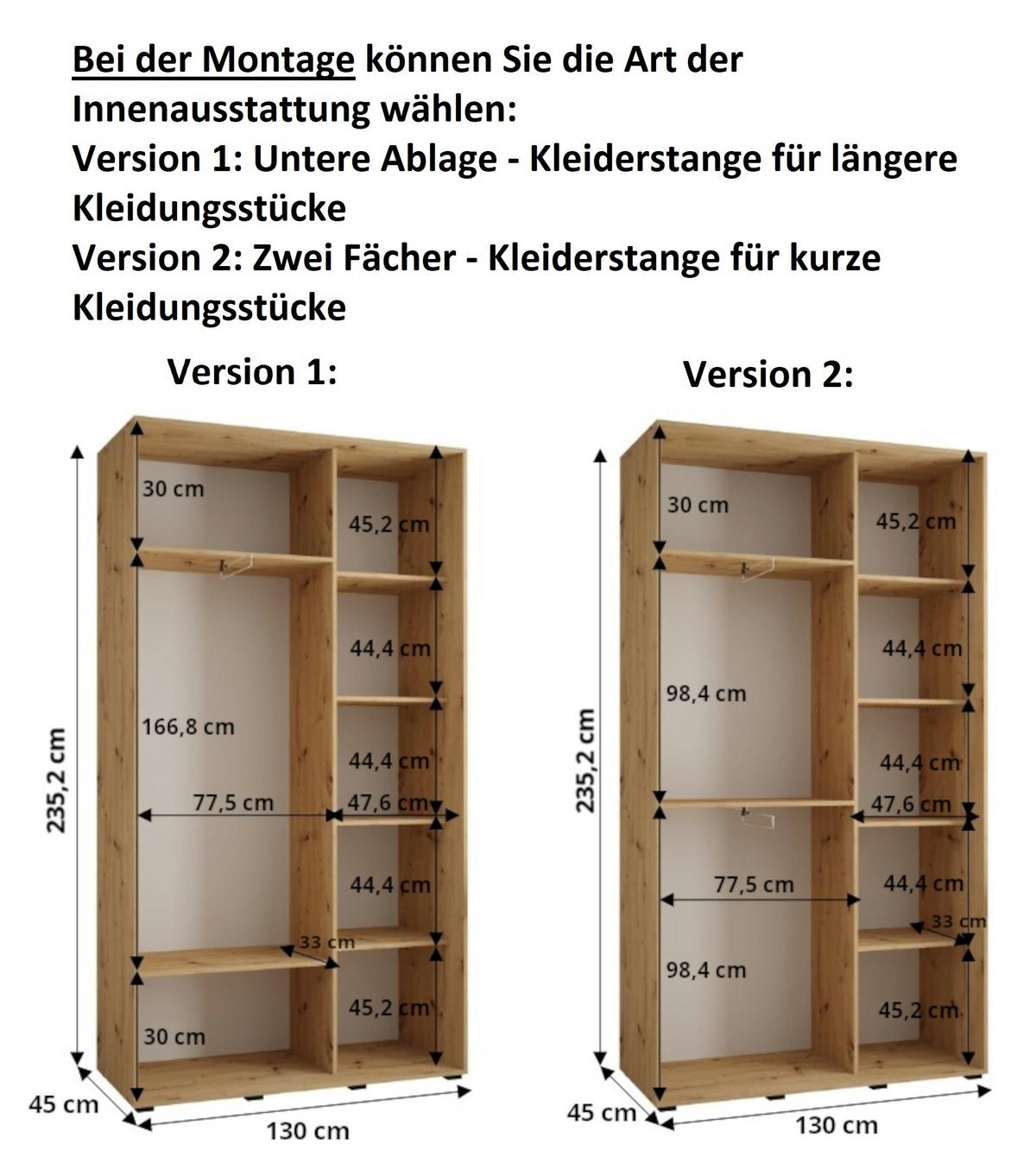 SCHWEBETÜRENSCHRANK 235,2/130/45 2-türig - Kaschmir/Schwarz, Holz/Metall (130/235.2/45cm) - MÖBEL KRYSPOL
