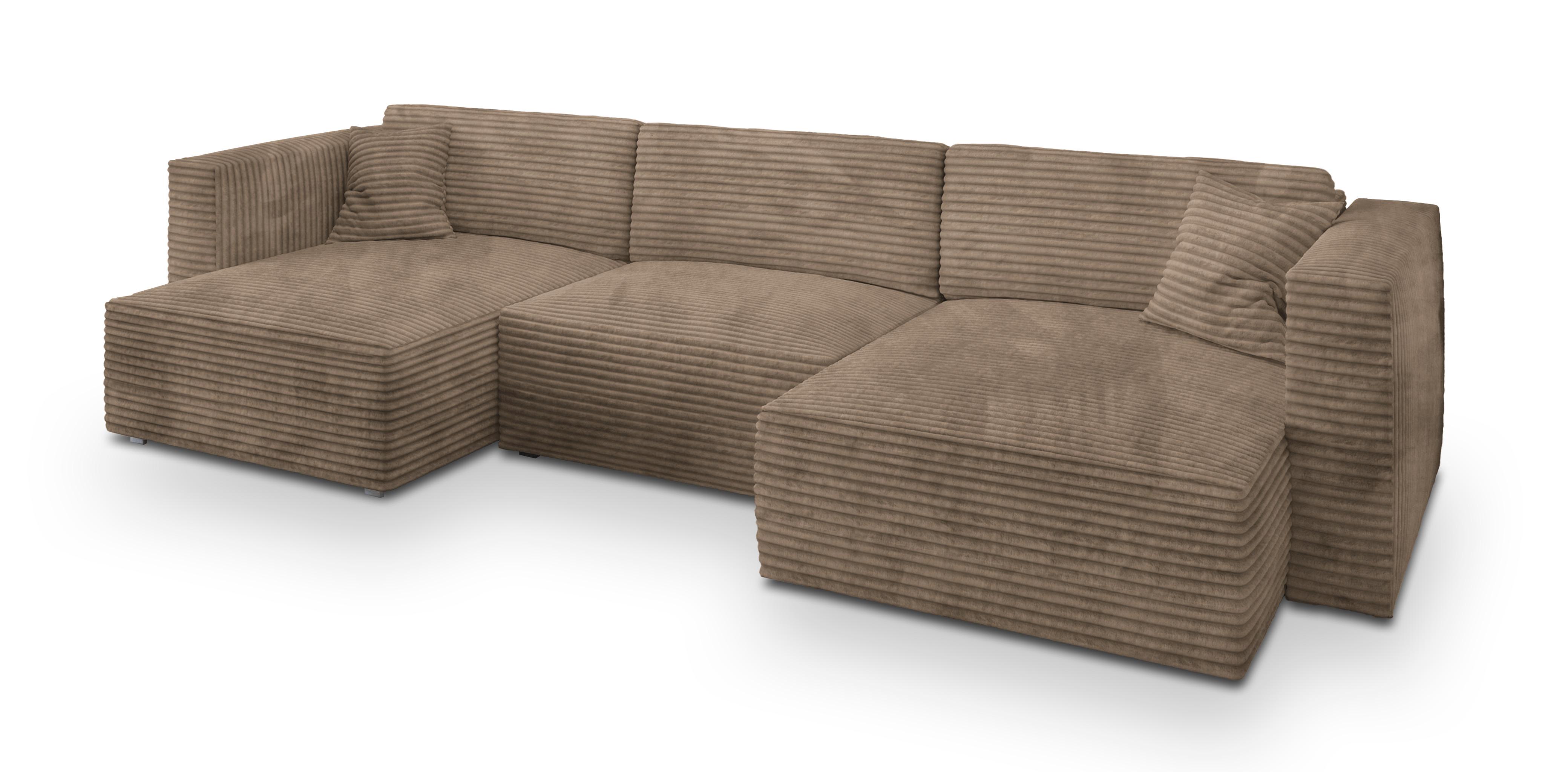 WOHNLANDSCHAFT SARMO Beige Kordstoff mit Schlaffunktion - Beige/Grau, Holz/Kunststoff (347/90/148cm) - MASSENO